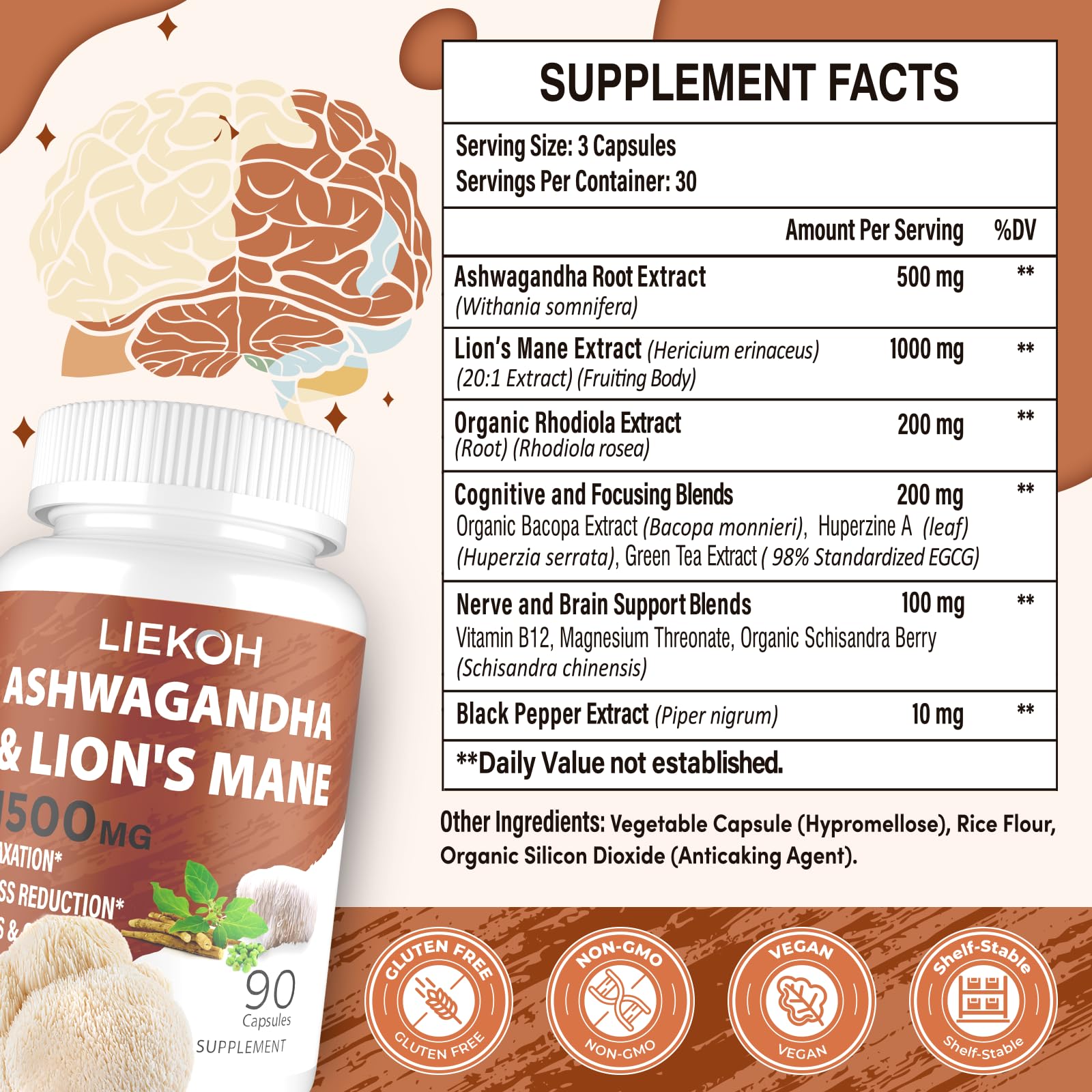 Capsules Liekoh Ashwagandha Lions Mane - dosage quotidien pratique pour la routine.