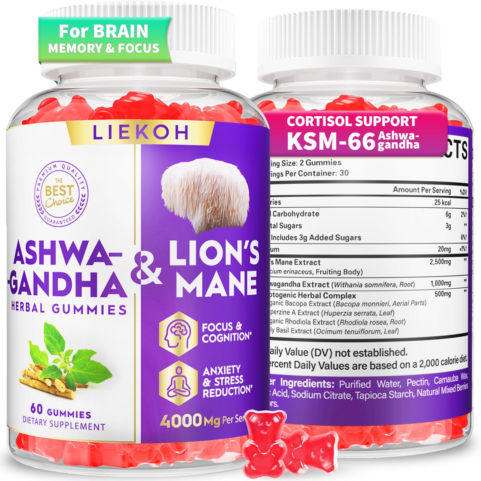 Gomme Liekoh Ashwagandha et Lion Mane dans la bouteille, soutien quotidien.