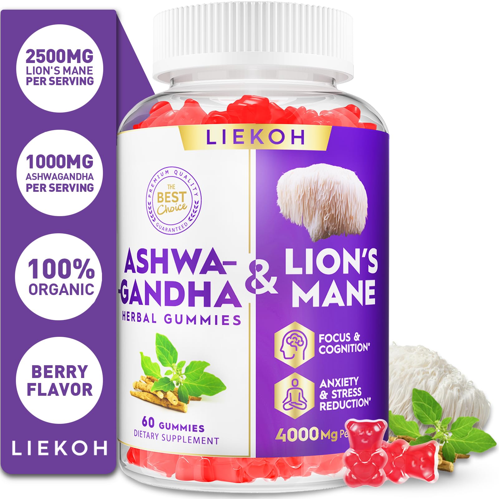 Ingrédients simples et naturels Liekoh Ashwagandha et Lion Mane, sans gluten.