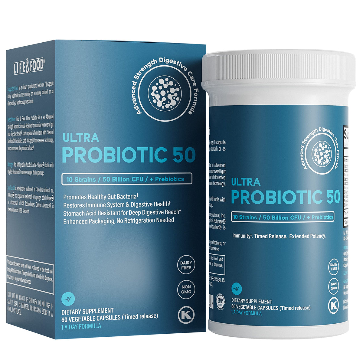 Life & Food Ultra Probiotic 50 Milliards, bouteille, soutien potentiel à la digestion quotidienne.