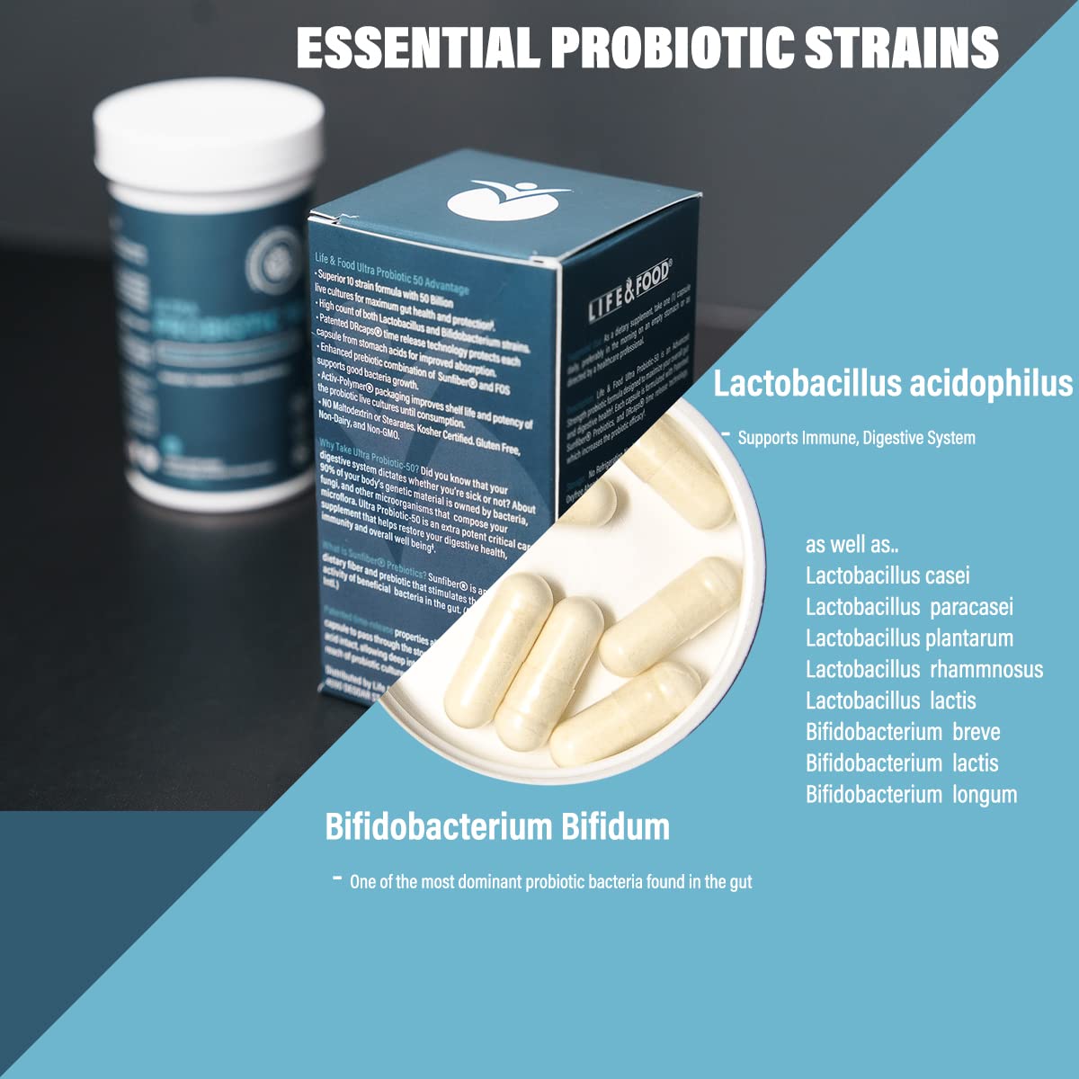 Life & Food Ultra Probiotic 50 Milliards, étiquette visible, informations claires sur les souches probiotiques.