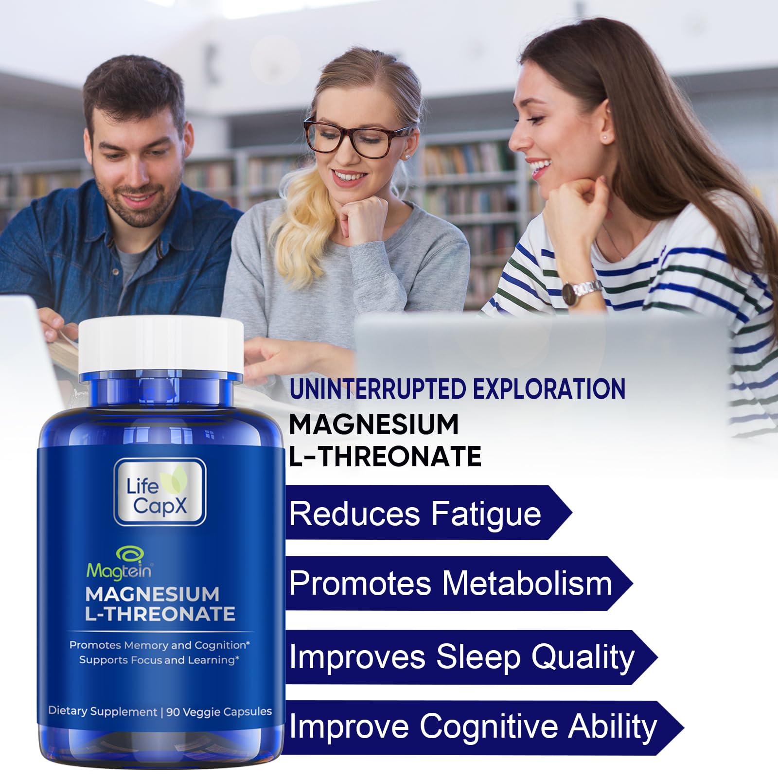 Capsules Magtein LIFE CAPX près de la bouteille, favorisant un sommeil de qualité.