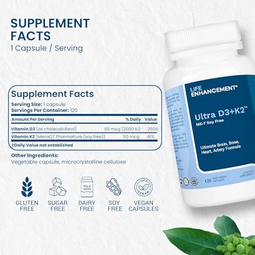Life Enhancement capsules végétariennes D3 K2 2000IU, prêt pour l'usage quotidien.