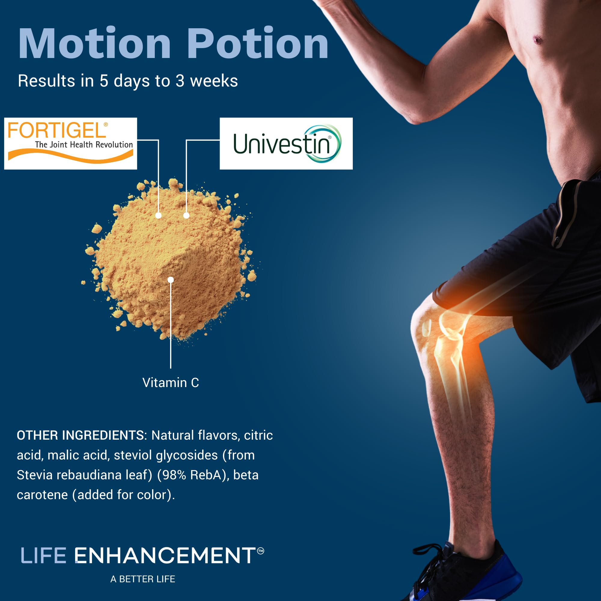 Life Enhancement Motion Potion, étiquette claire montrant le produit et ses usages potentiels.