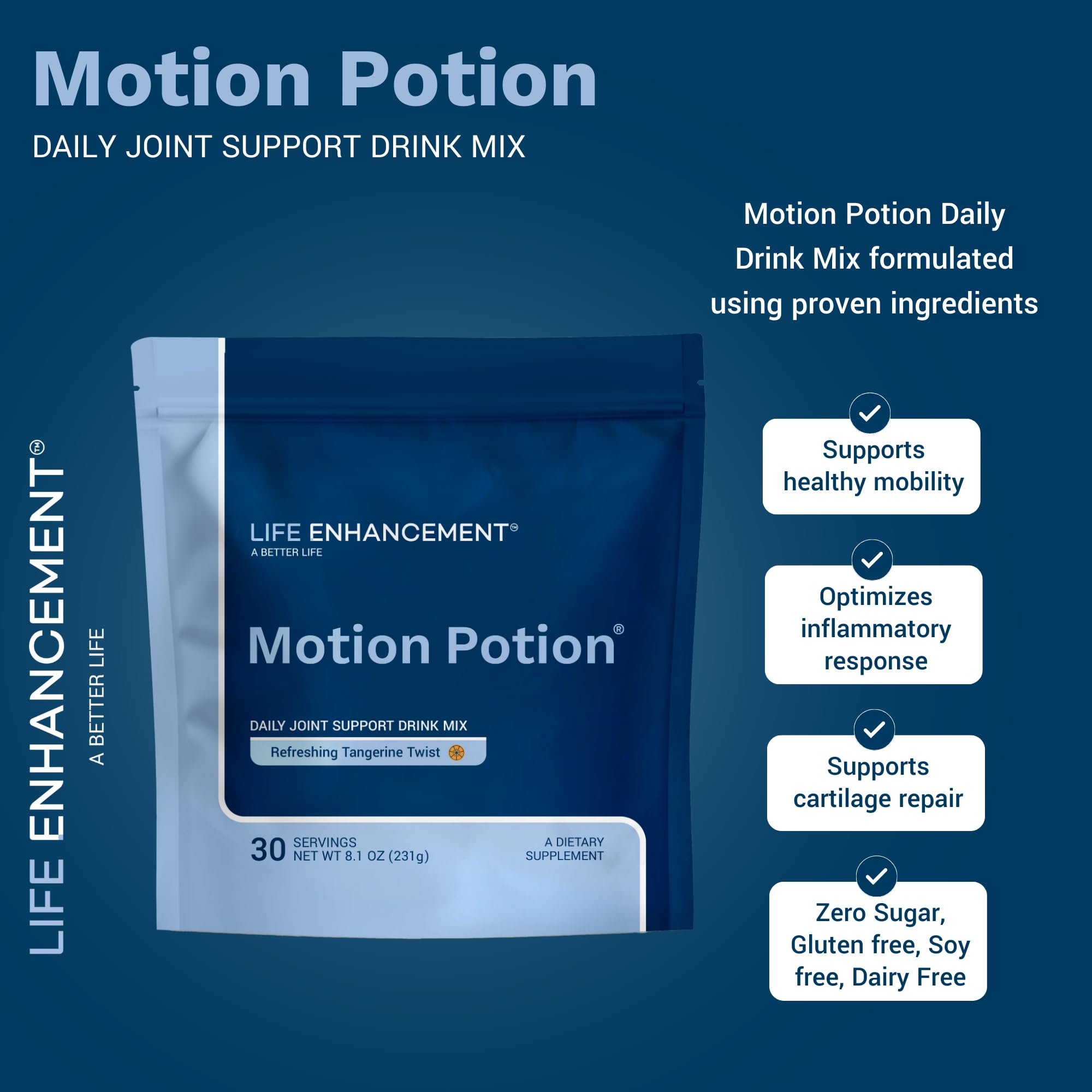 Life Enhancement Motion Potion, verre prêt à déguster pour le soutien lors d'activités quotidiennes.