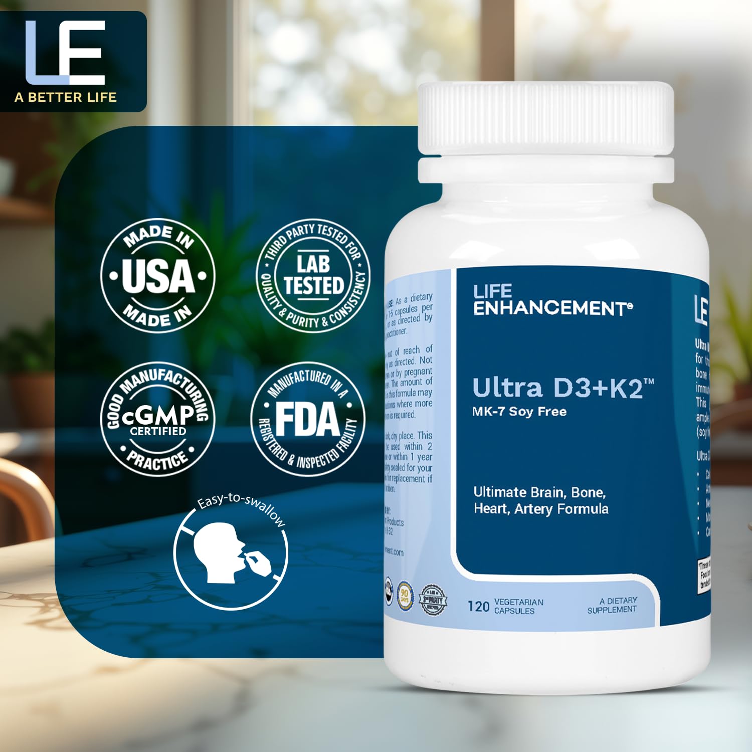 Life Enhancement capsules en train d'être versées — parfaite pour votre routine journalière.