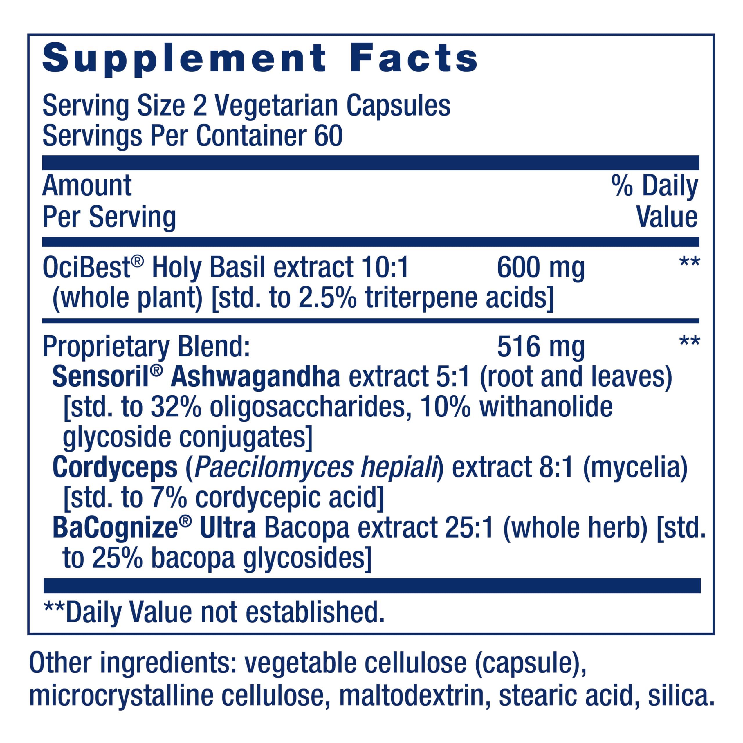 Life Extension Adrenal Energy: étiquette sans OGM assure transparence et traçabilité.