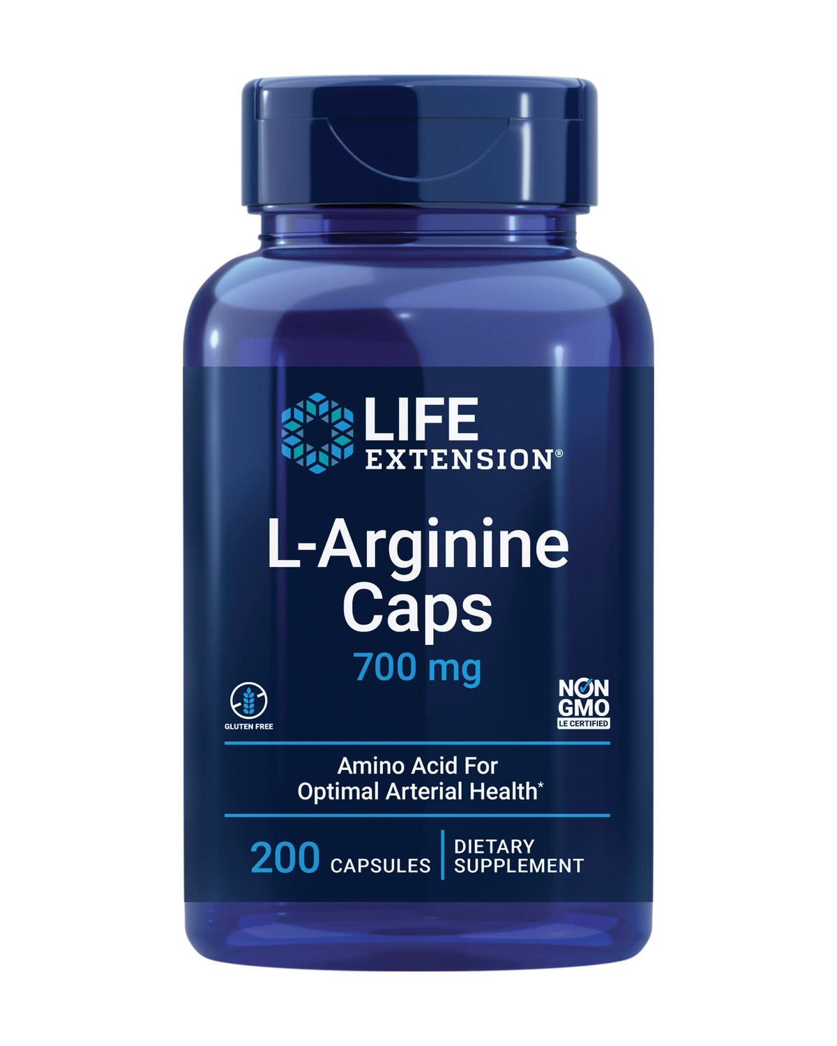 Life Extension L-Arginine Caps : bouteille présentant les gélules pour soutien artériel potentiel.