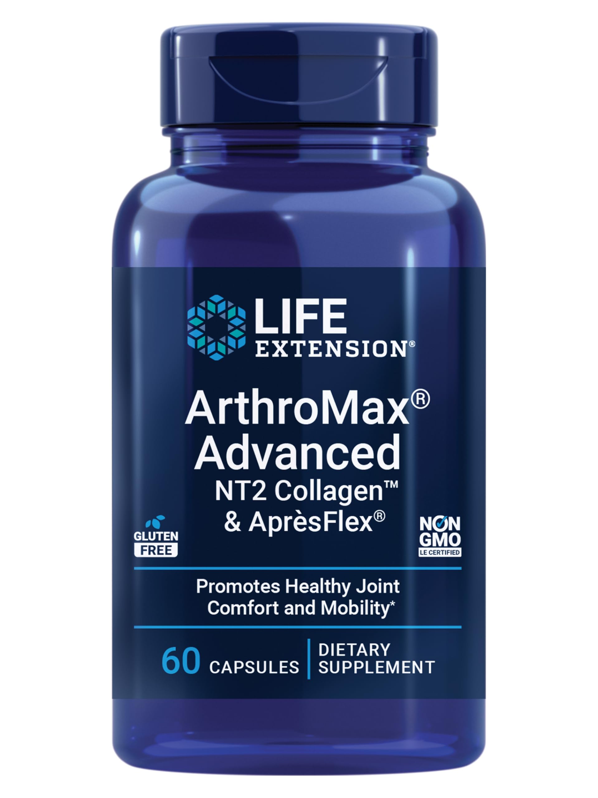 Life Extension ArthroMax Advanced NT2 collagène AprèsFlex – bouteille, soutien potentiel à la mobilité.