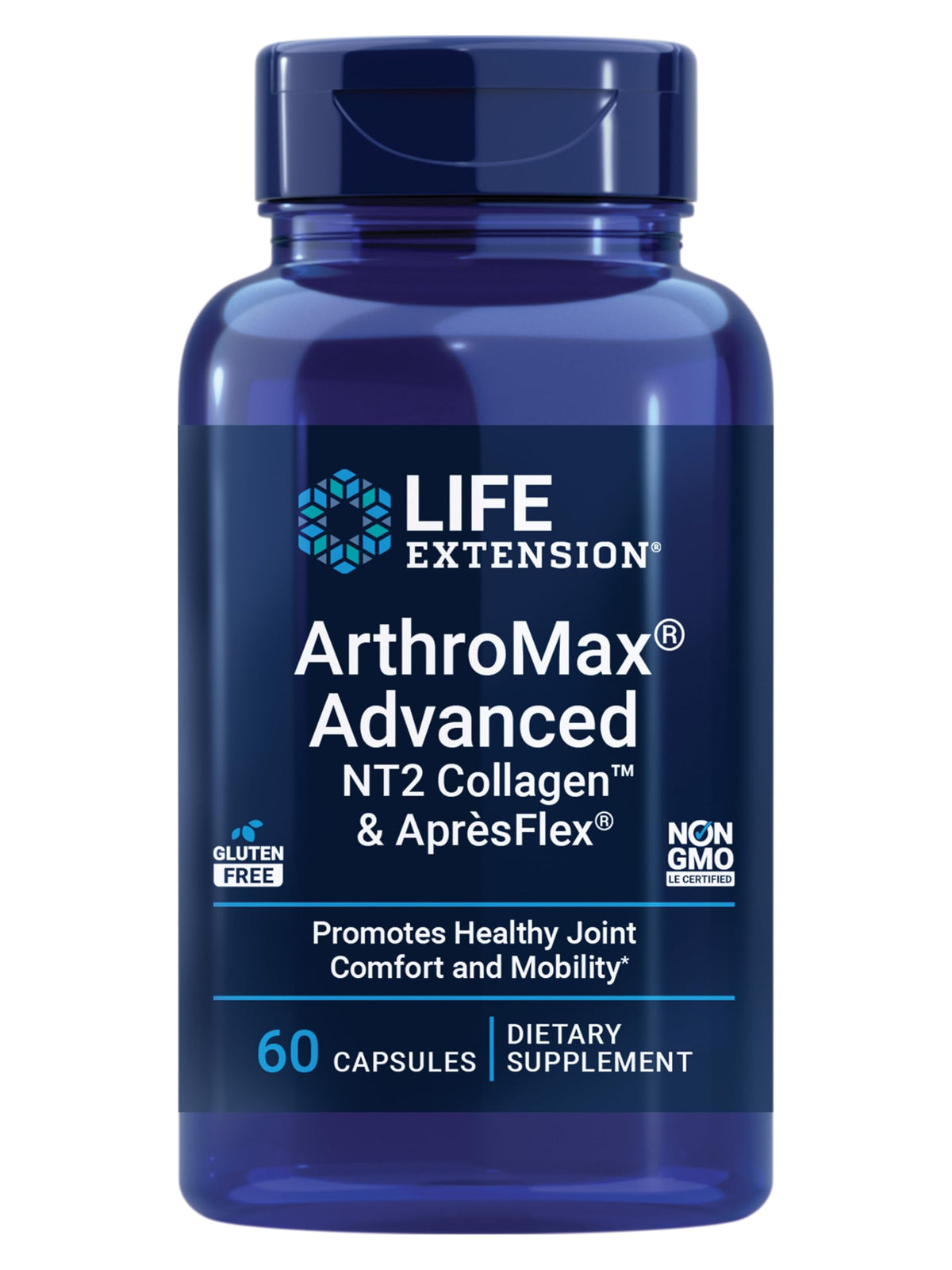 Life Extension ArthroMax Advanced NT2 collagène AprèsFlex – bouteille, soutien potentiel à la mobilité.