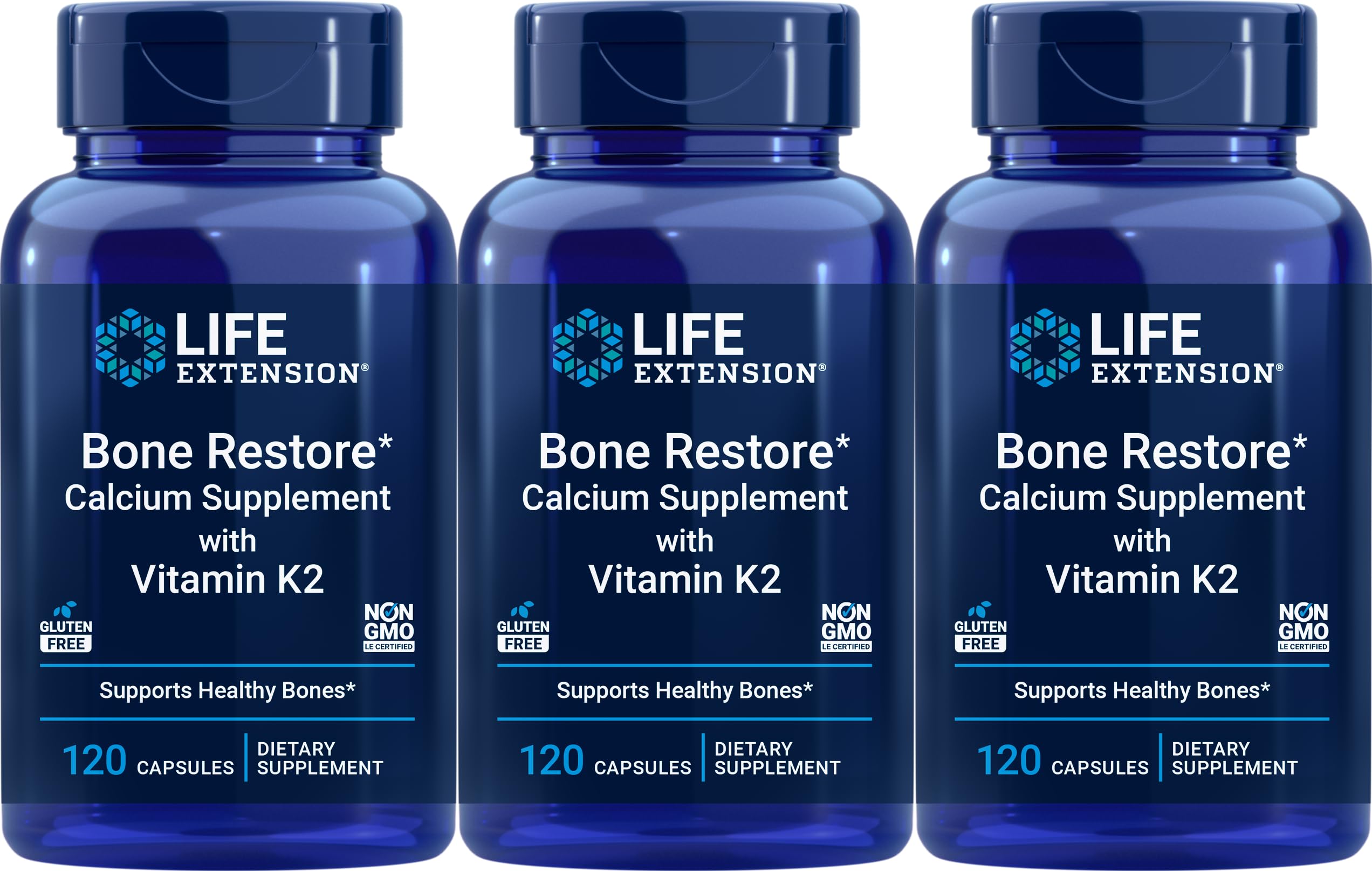 Life Extension Bone Restore, bouteille calcium et K2, soutien potentiel à la santé osseuse.