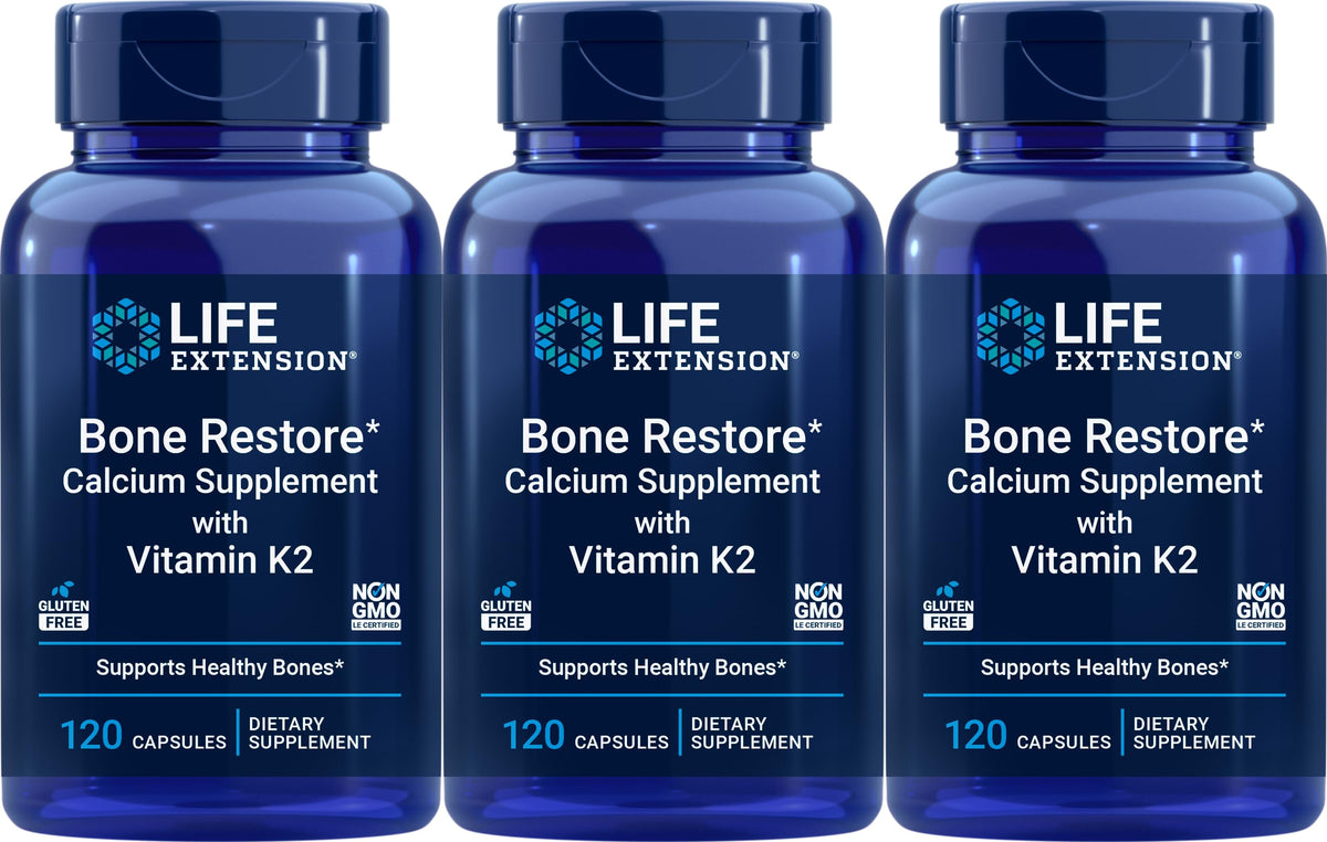 Life Extension Bone Restore, bouteille calcium et K2, soutien potentiel à la santé osseuse.