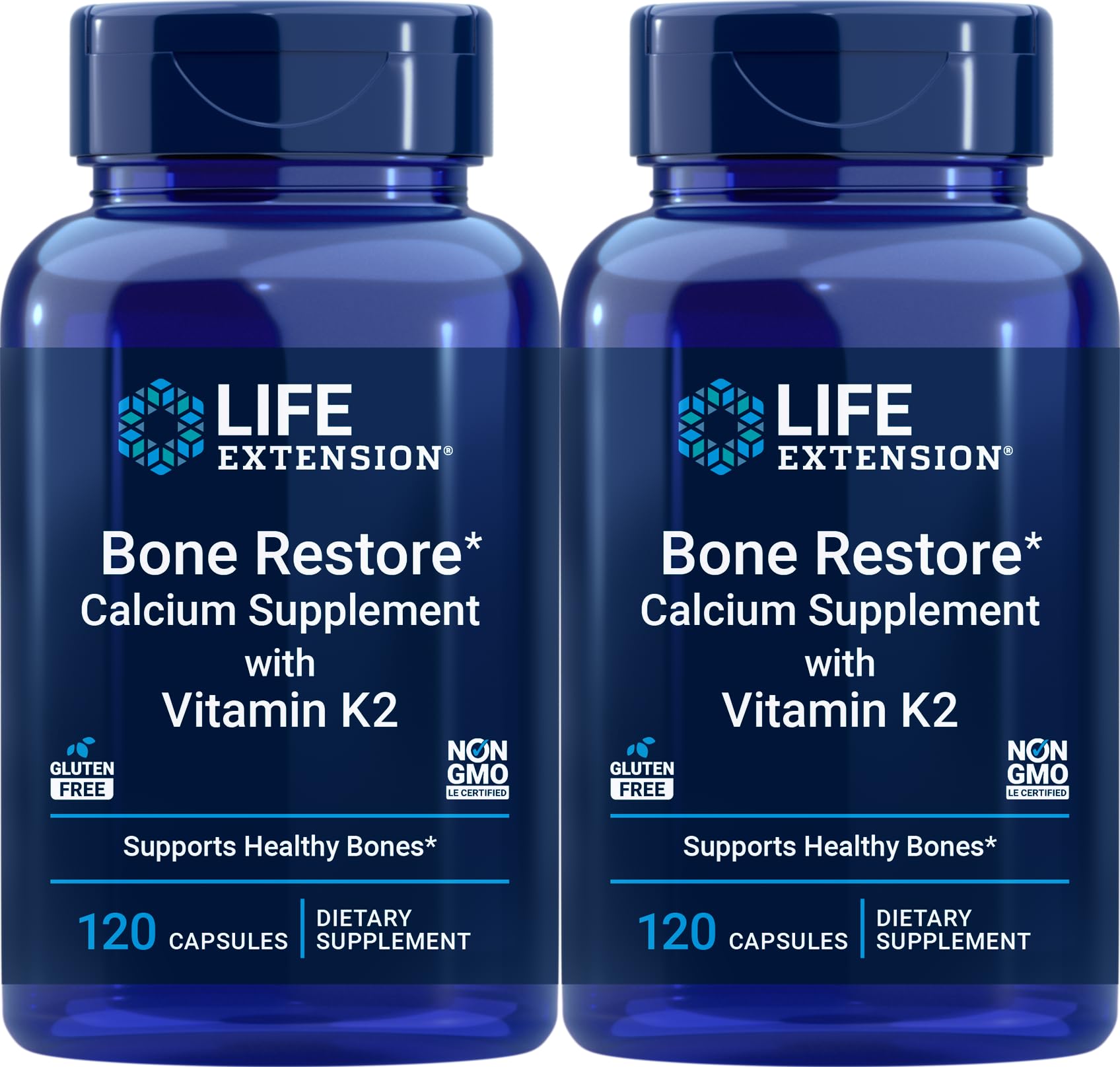 Life Extension Bone Restore: bouteille de gélules, calcium et vitamine K2 pour le soutien osseux