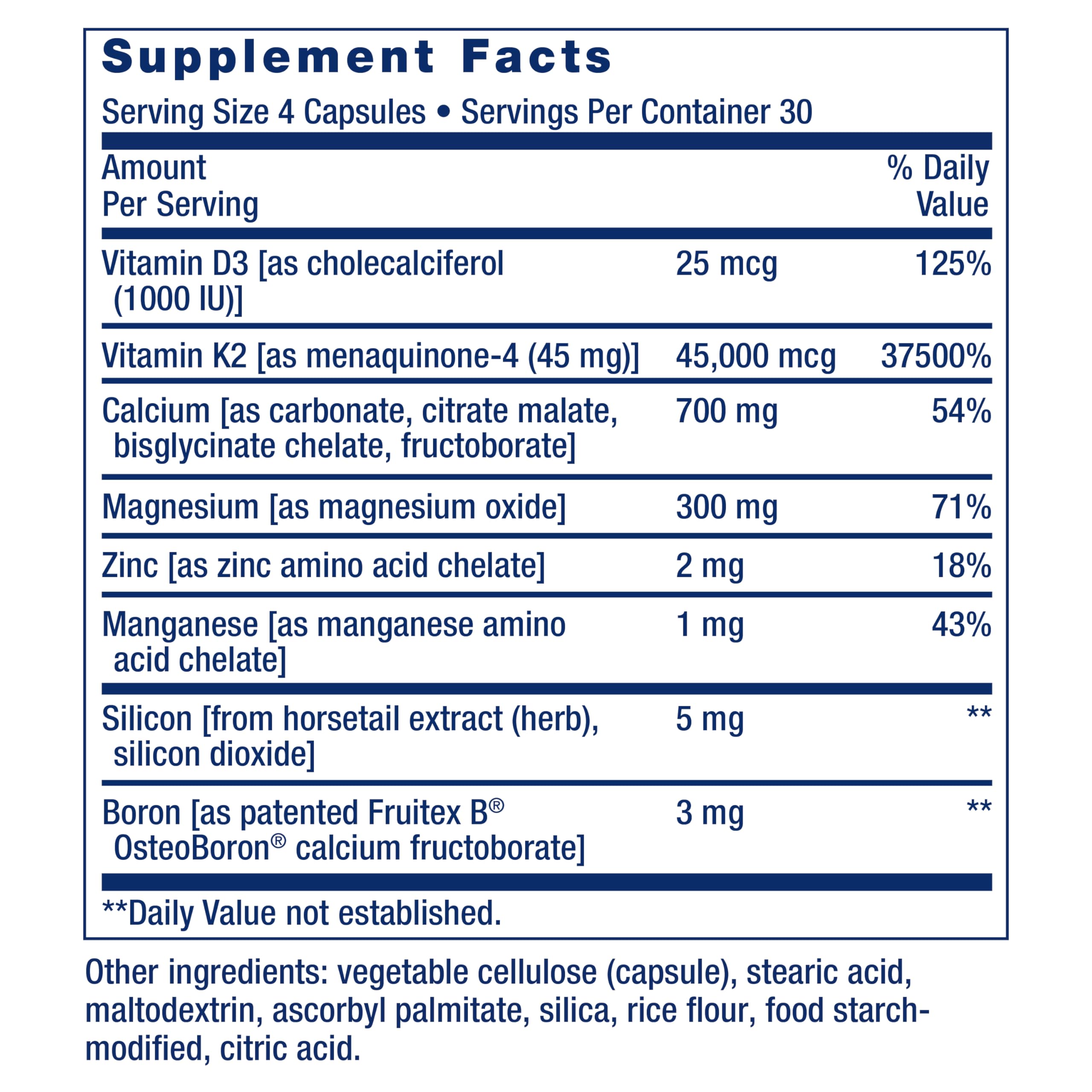 Life Extension Bone Restore Elite – étiquette produit détaillant K2 et calcium.