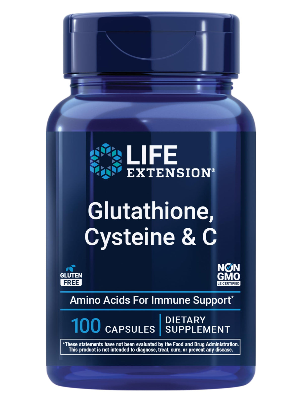 Life Extension Glutathione-Cystéine-Vitamine C : bouteille et capsules pour soutien antioxydant.