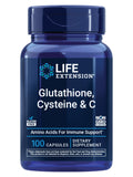 Life Extension Glutathione-Cystéine-Vitamine C : bouteille et capsules pour soutien antioxydant.