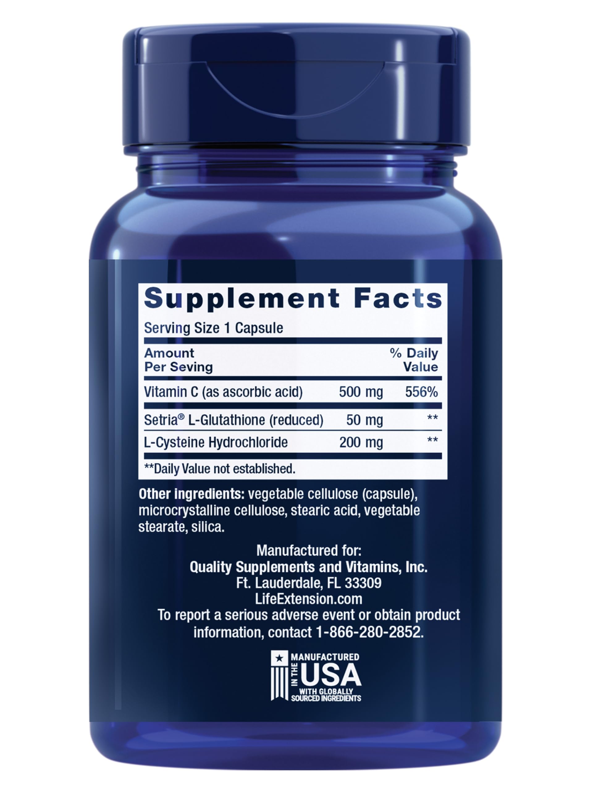 Life Extension Glutathione-Cystéine-Vitamine C : étiquette présentant ingrédients et dosage.