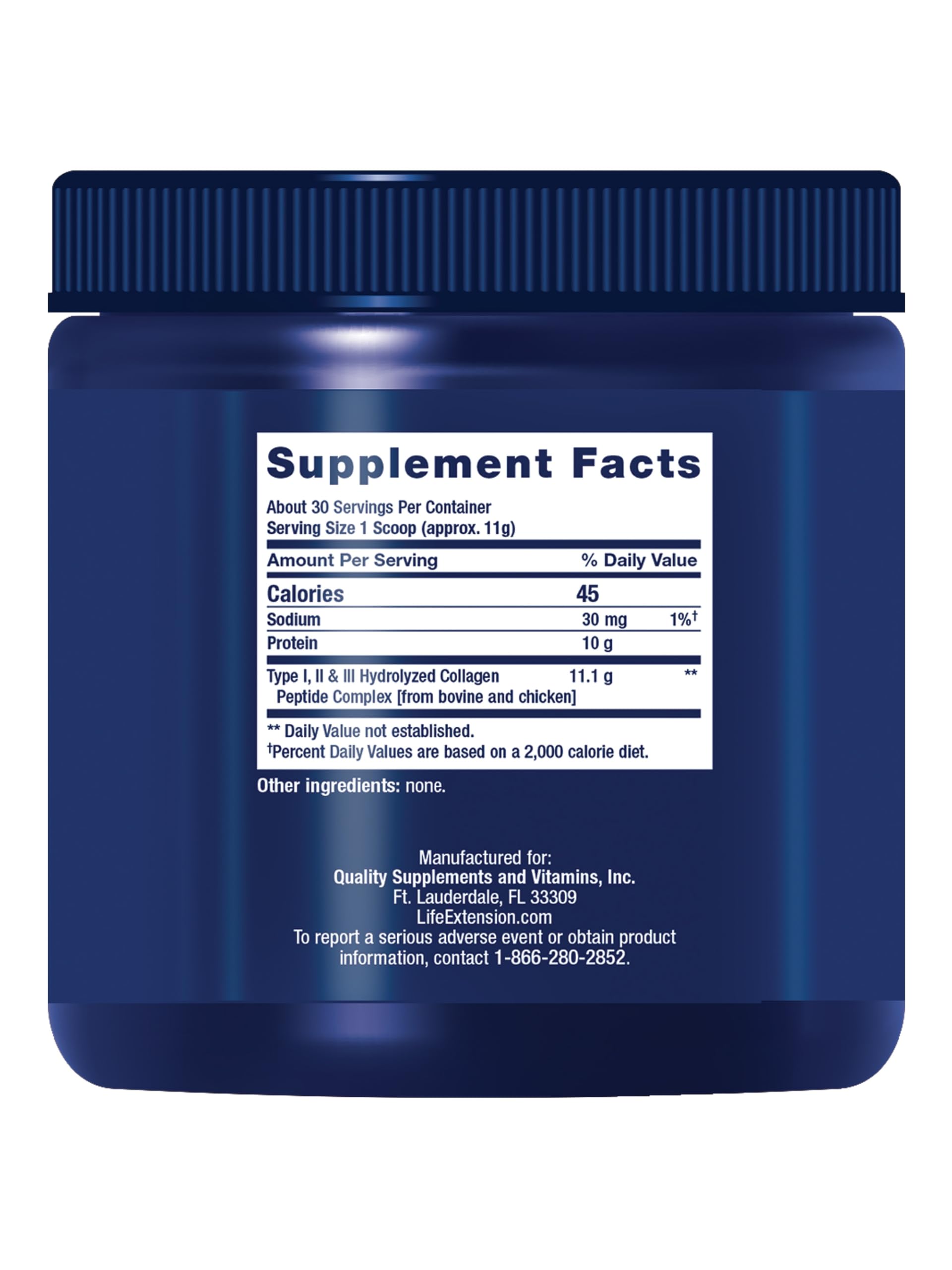 Life Extension Collagen Peptides scoop-dosage: dosage pratique pour routine quotidienne.