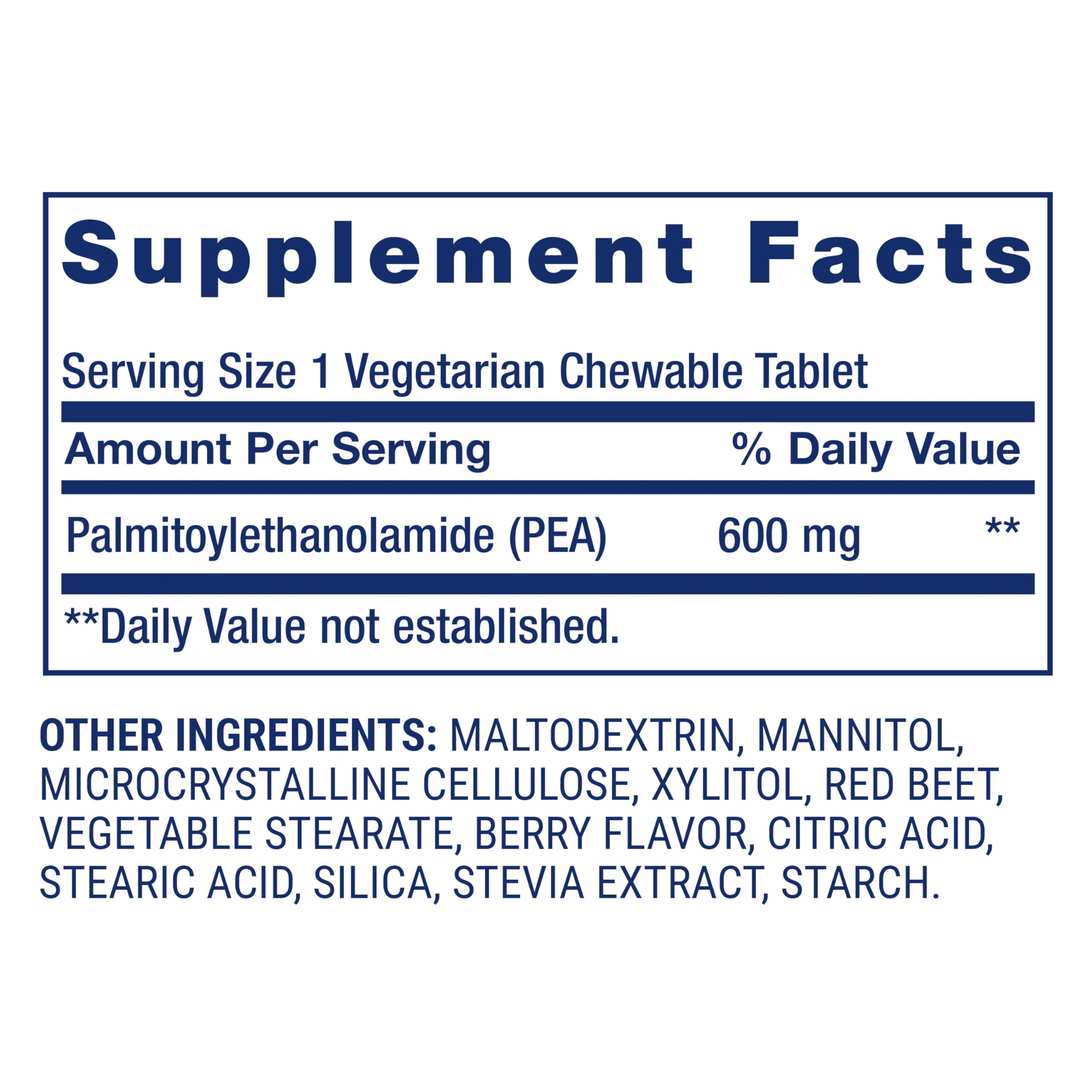 Life Extension Comprimés de 600 mg PEA visibles dans le flacon.