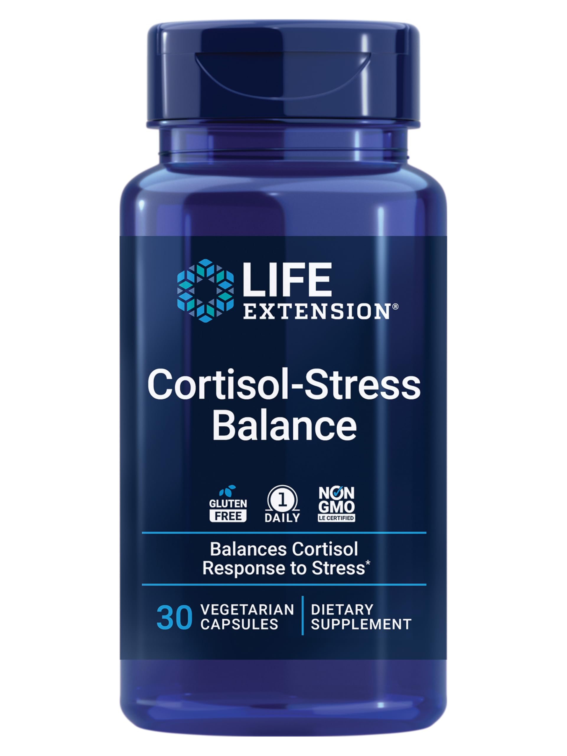 Life Extension Cortisol-Stress Balance – bouteille prête pour routine quotidienne, prise simple.