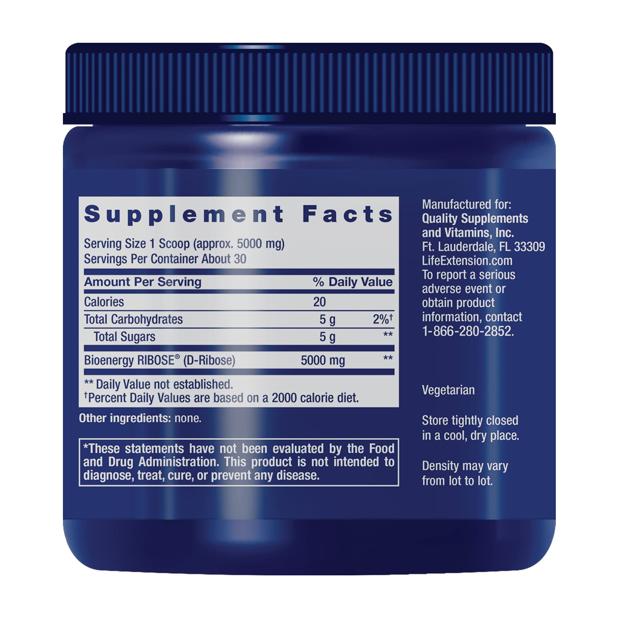 Life Extension D-Ribose Poudre – cuillère niveau pour doser avec précision.