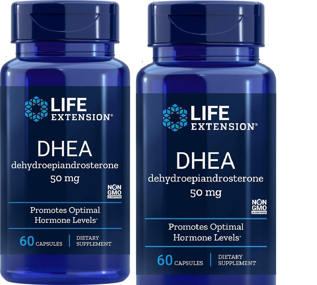 Life Extension DHEA 50 mg, bouteille, dosage clair et pratique.