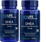 Life Extension DHEA 50 mg, bouteille, dosage clair et pratique.