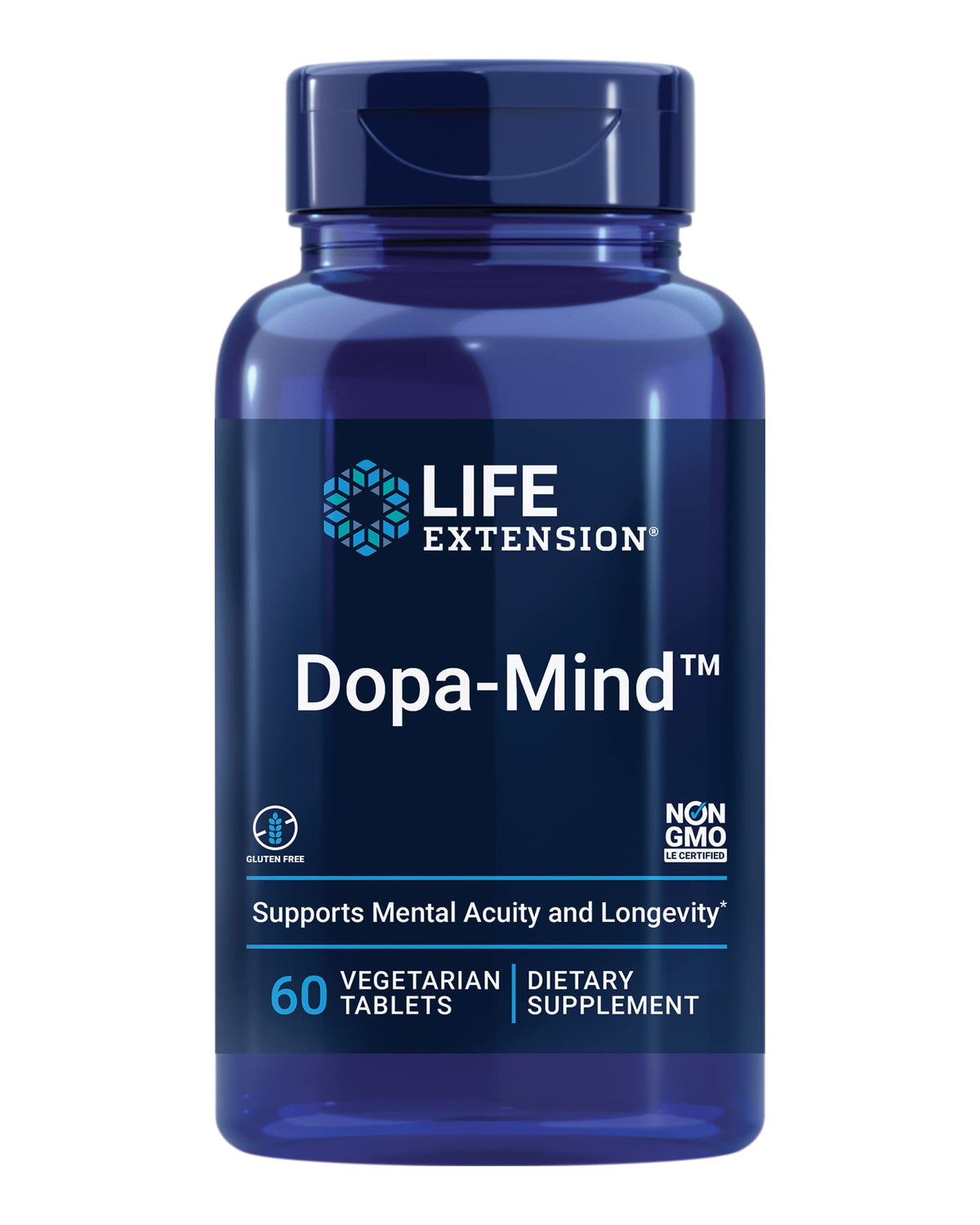 Life Extension Dopa-Mind – bouteille et étiquette, soutien potentiel de l'humeur et concentration