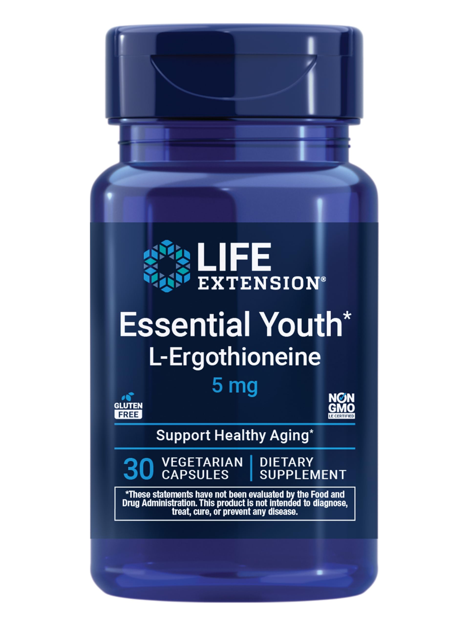 Life Extension Essential Youth L-Ergothioneine – bouteille claire montrant une vitamine végétarienne pour la longévité