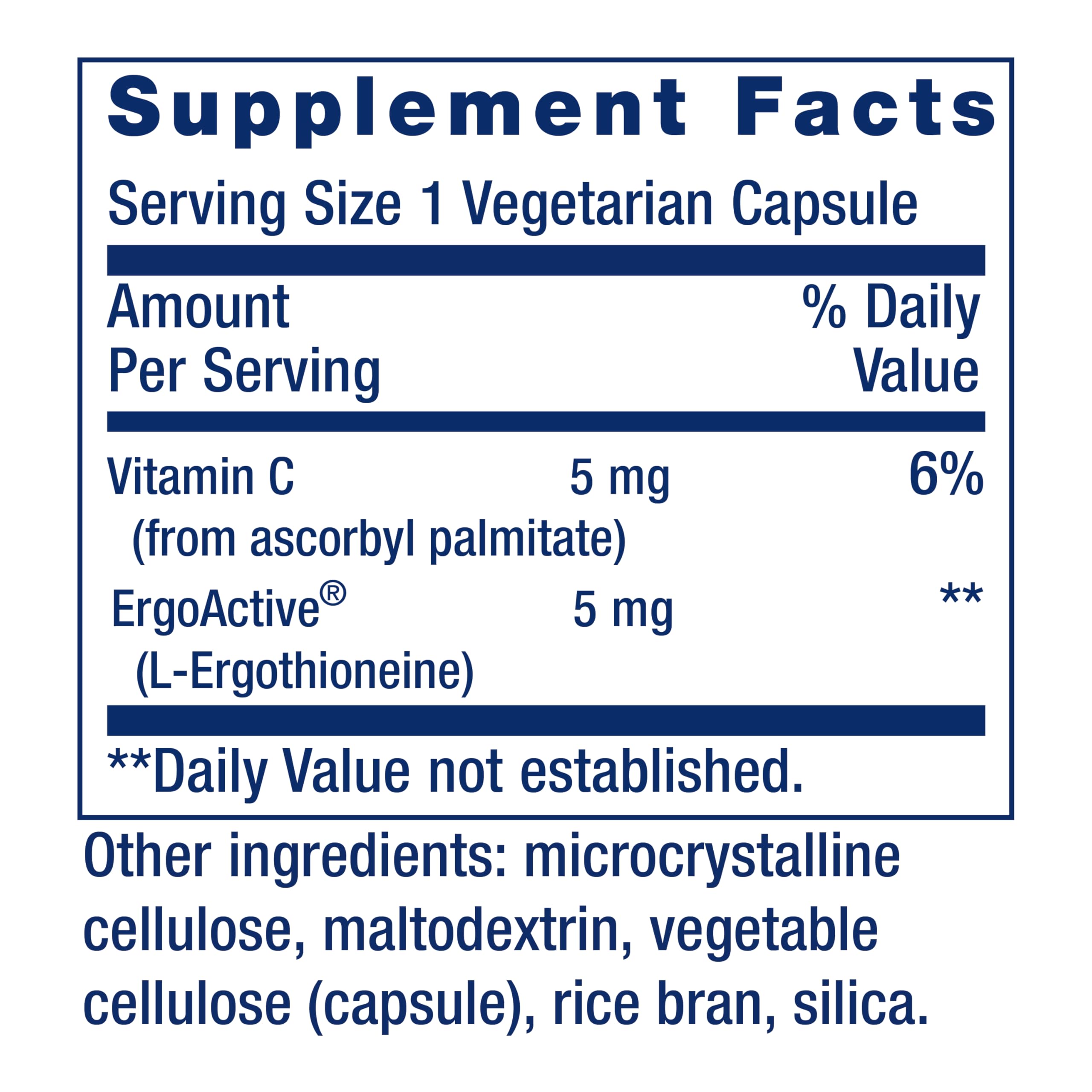 Life Extension Essential Youth L-Ergothioneine – étiquette lisible indiquant le dosage et les ingrédients