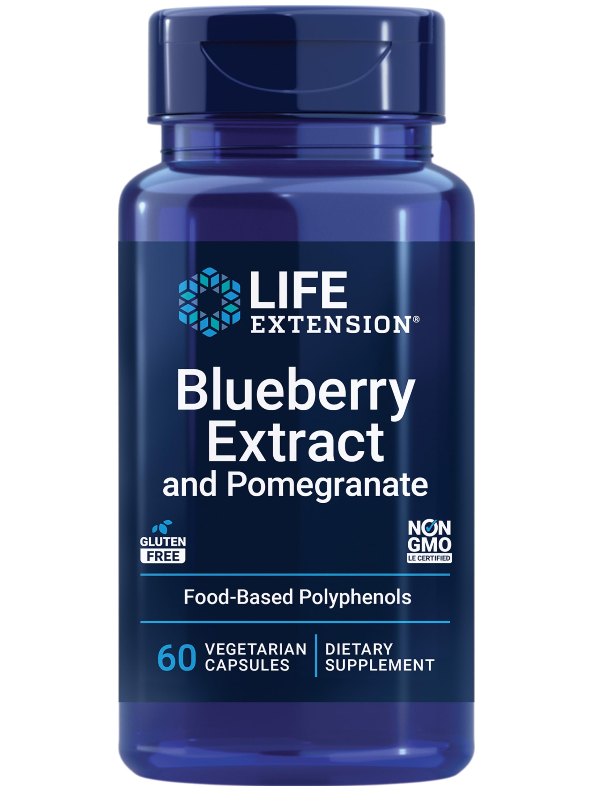 Life Extension Extrait Myrtille Grenade – bouteille montrant l'emballage et le potentiel soutien vasculaire.