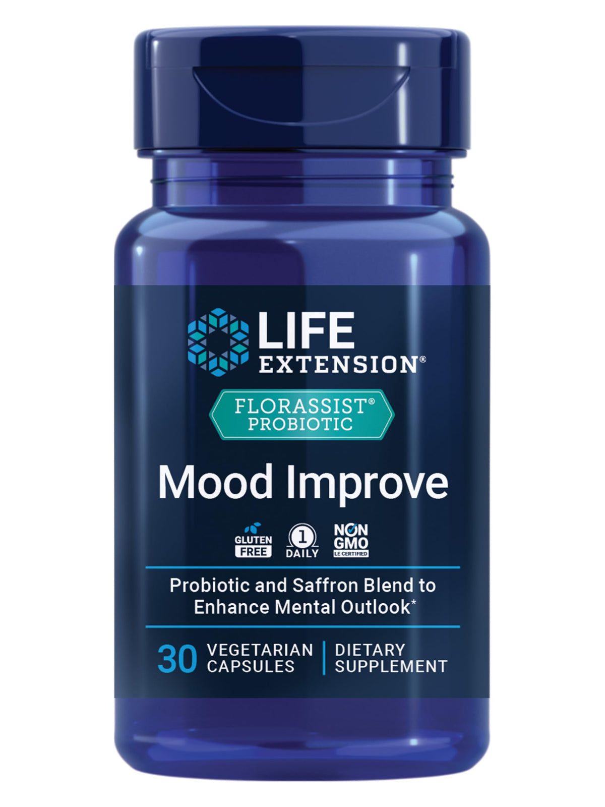 Bouteille FlorAssist Life Extension montrant l’allure du produit et les implications potentielles sur l’humeur.