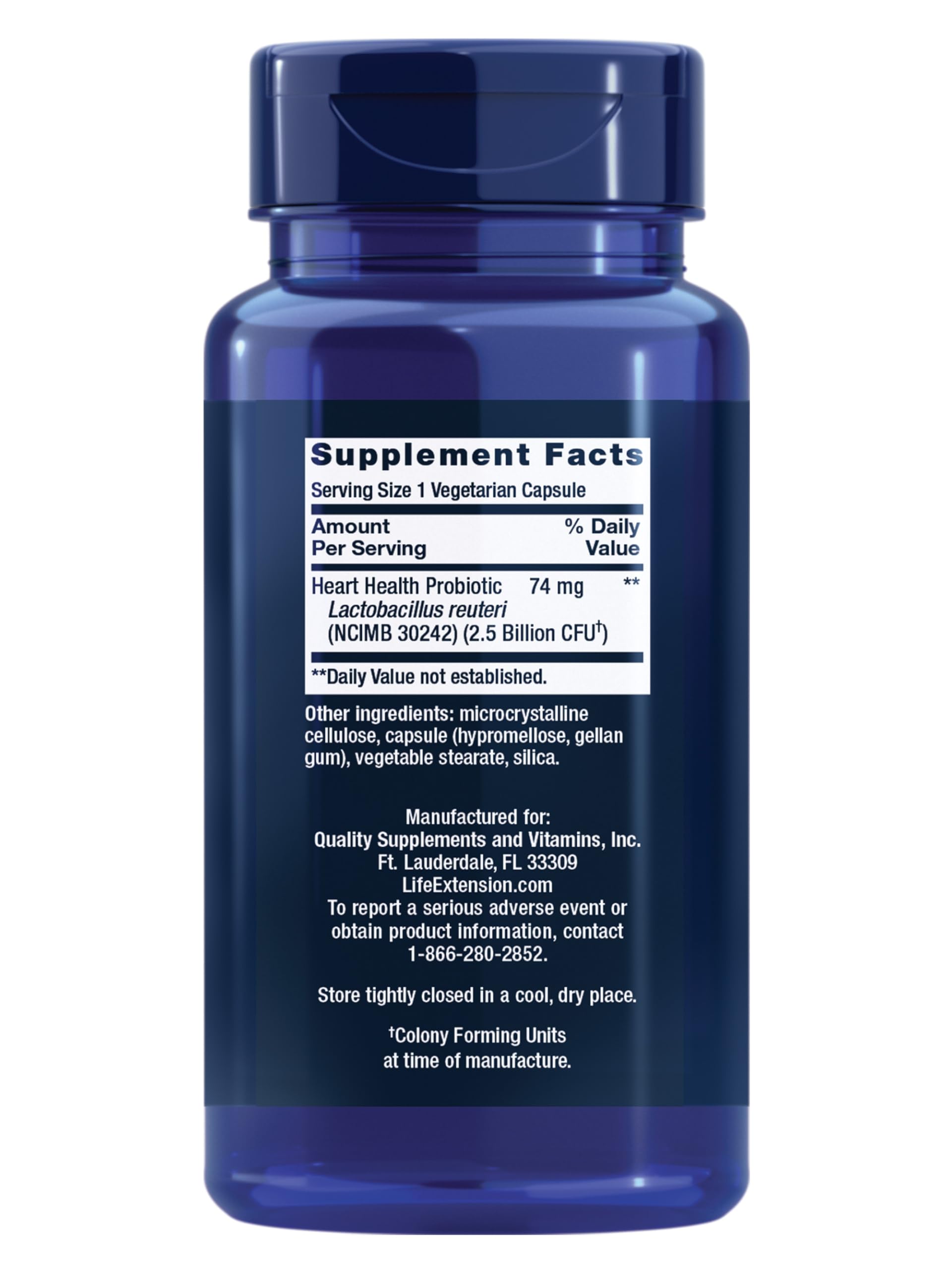 Life Extension FlorAssist: capsules alignées, prise quotidienne pour des marqueurs potentiels.