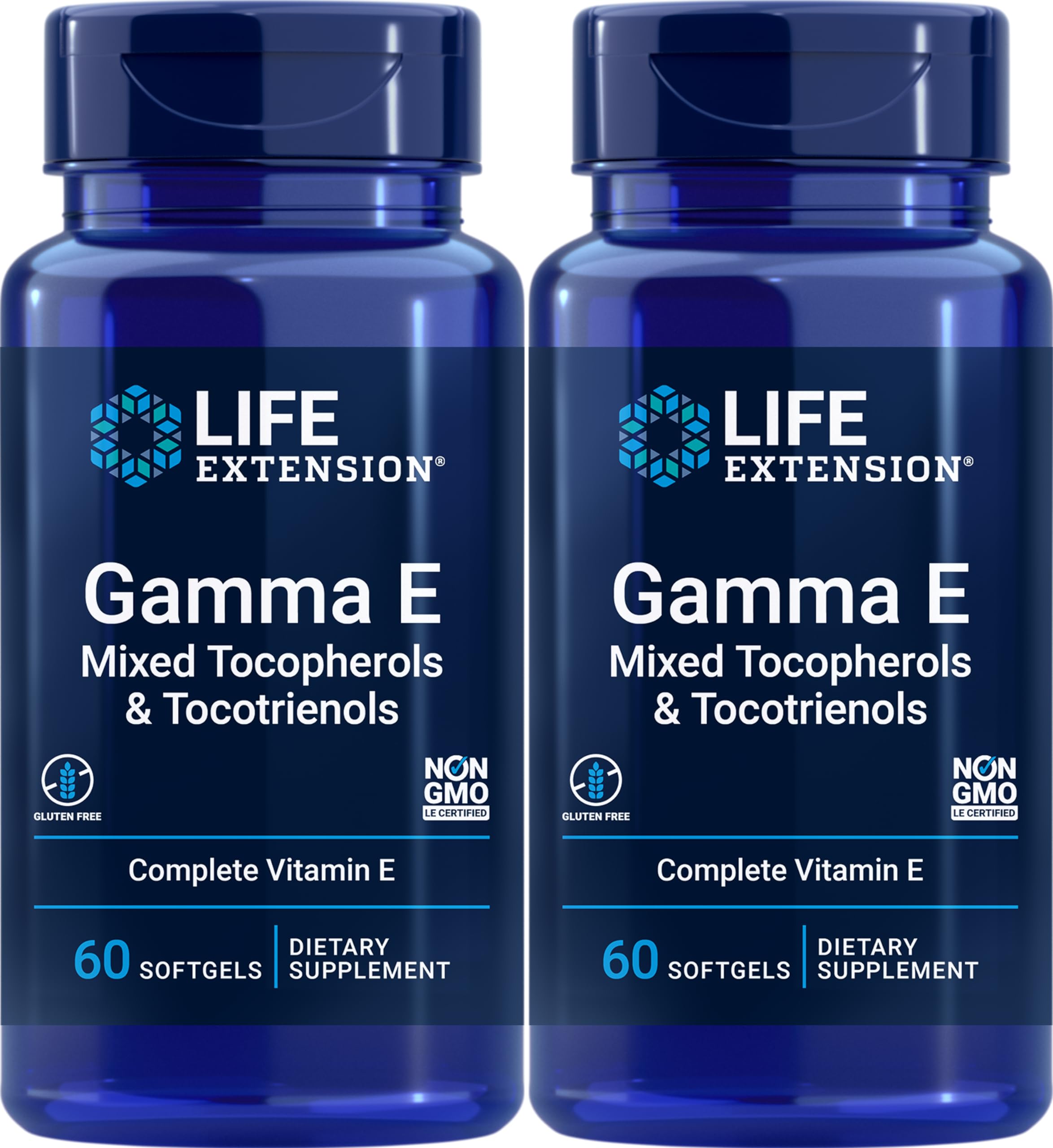 Life Extension Gamma E, flacon de capsules, mélange tocophérols et tocotriénols, soutien antioxydant potentiel.
