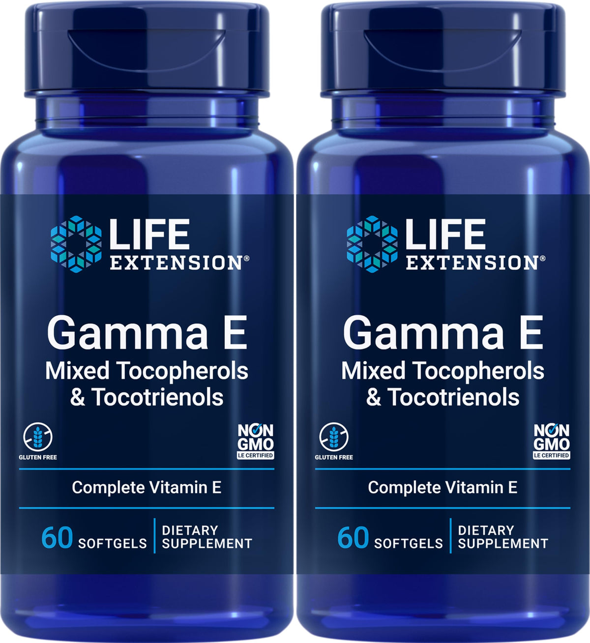 Life Extension Gamma E, flacon de capsules, mélange tocophérols et tocotriénols, soutien antioxydant potentiel.