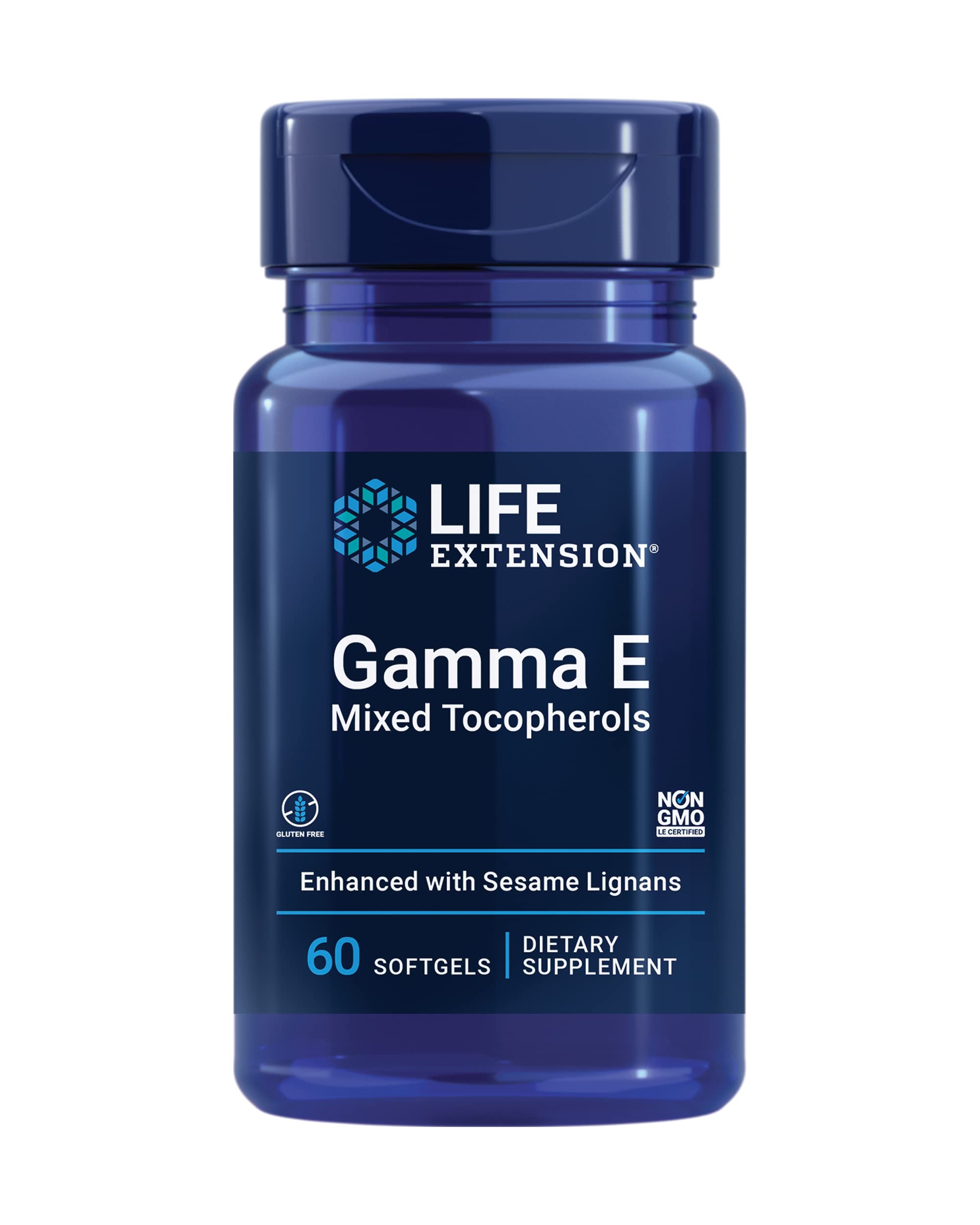 Life Extension Gamma E Mixed Tocopherols – Bouteille claire, protection antioxydante potentielle.