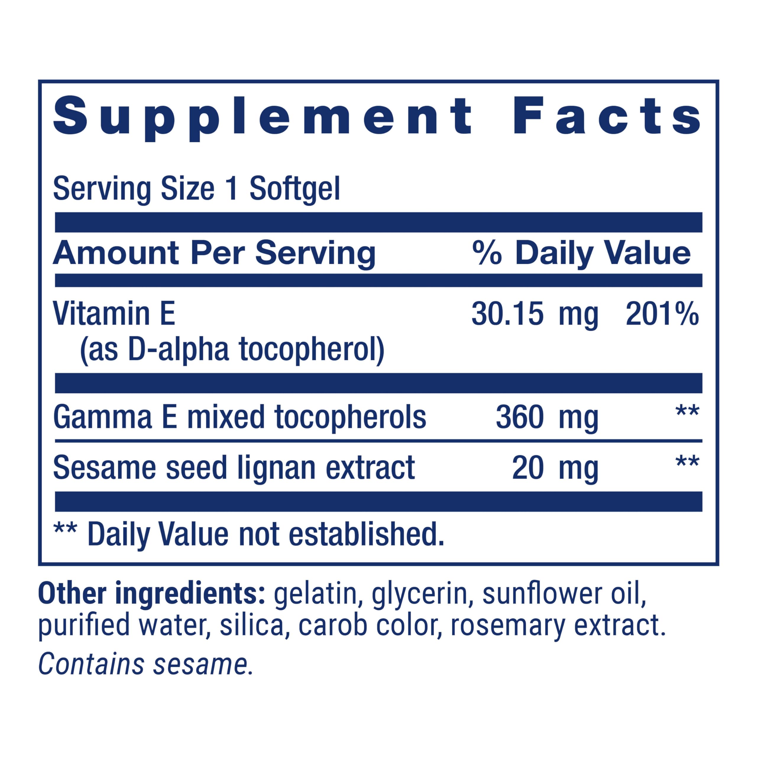 Étiquette Life Extension Gamma E Mixed Tocopherols affichant les ingrédients.