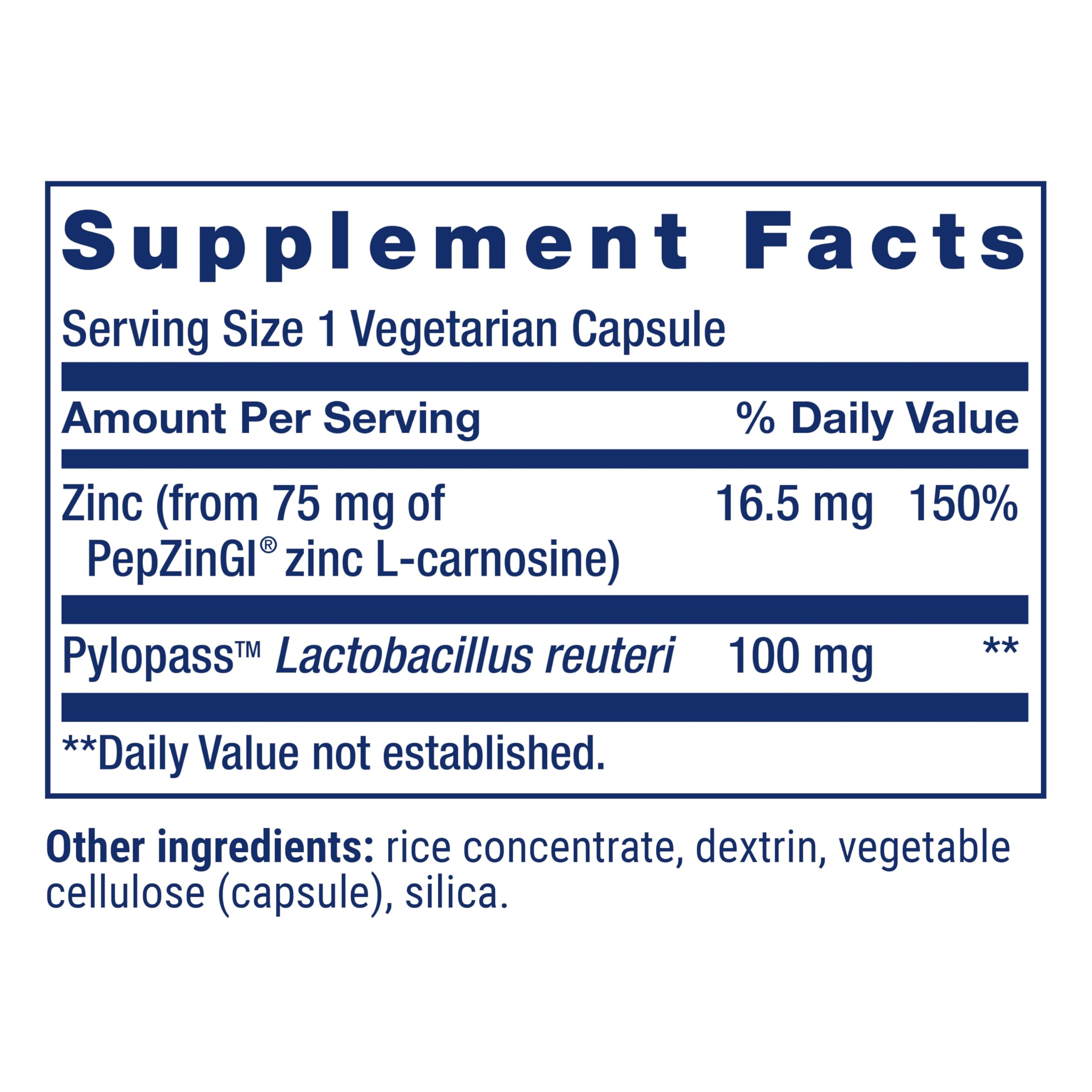 Life Extension Gastro-Ease: illustration des ingredients zinc l-carnosine et pylopass inclus