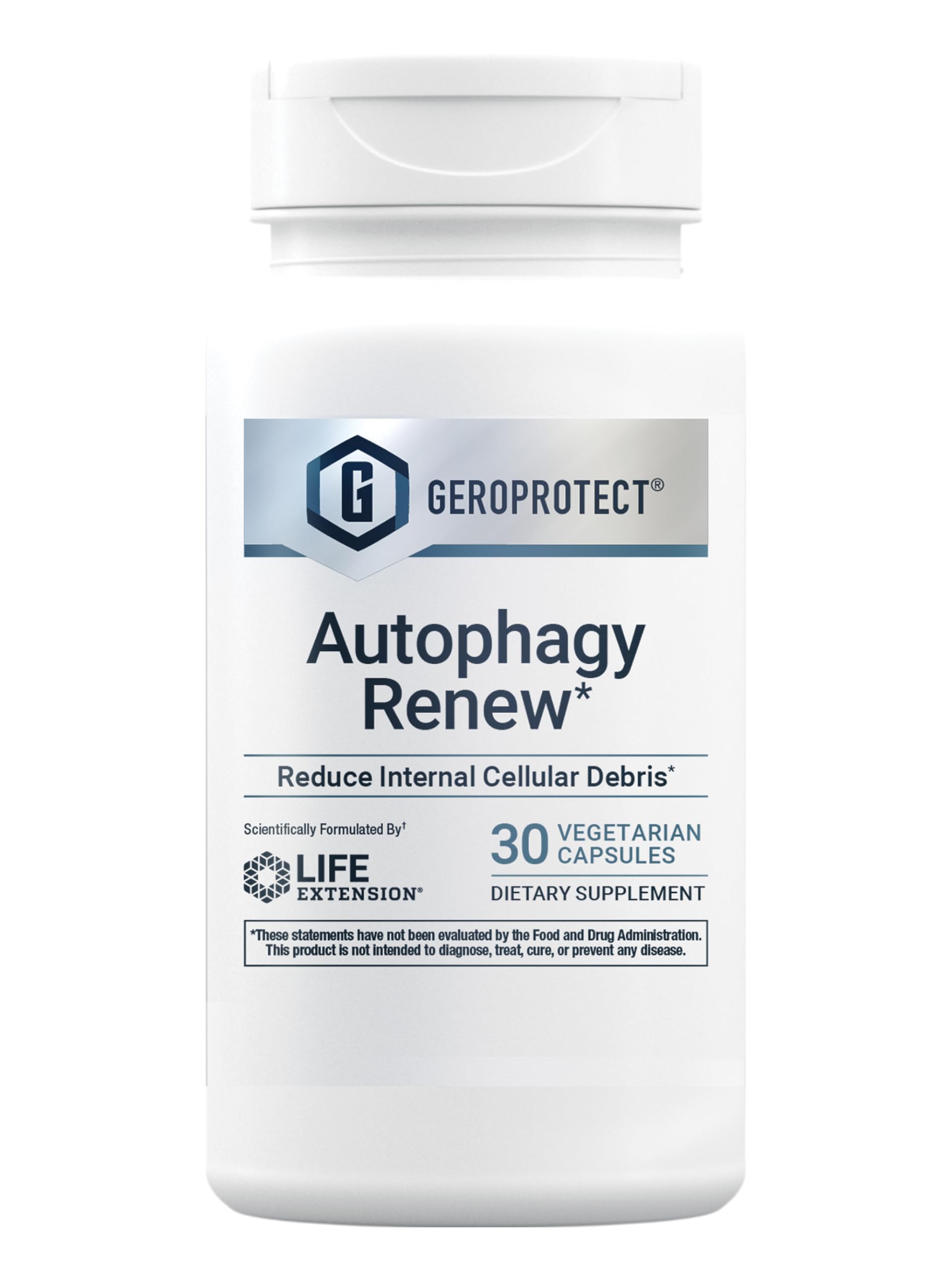 Life Extension GEROPROTECT Autophagy Renew bouteille montrant le flacon, soutien potentiel des processus cellulaires.