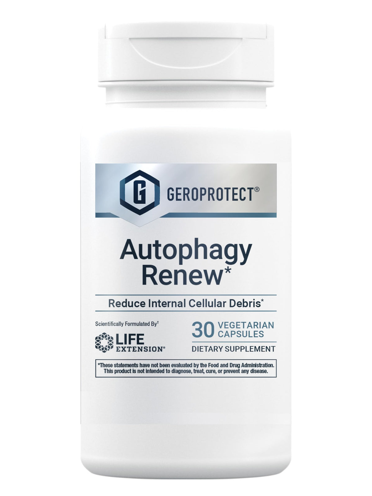 Life Extension GEROPROTECT Autophagy Renew bouteille montrant le flacon, soutien potentiel des processus cellulaires.