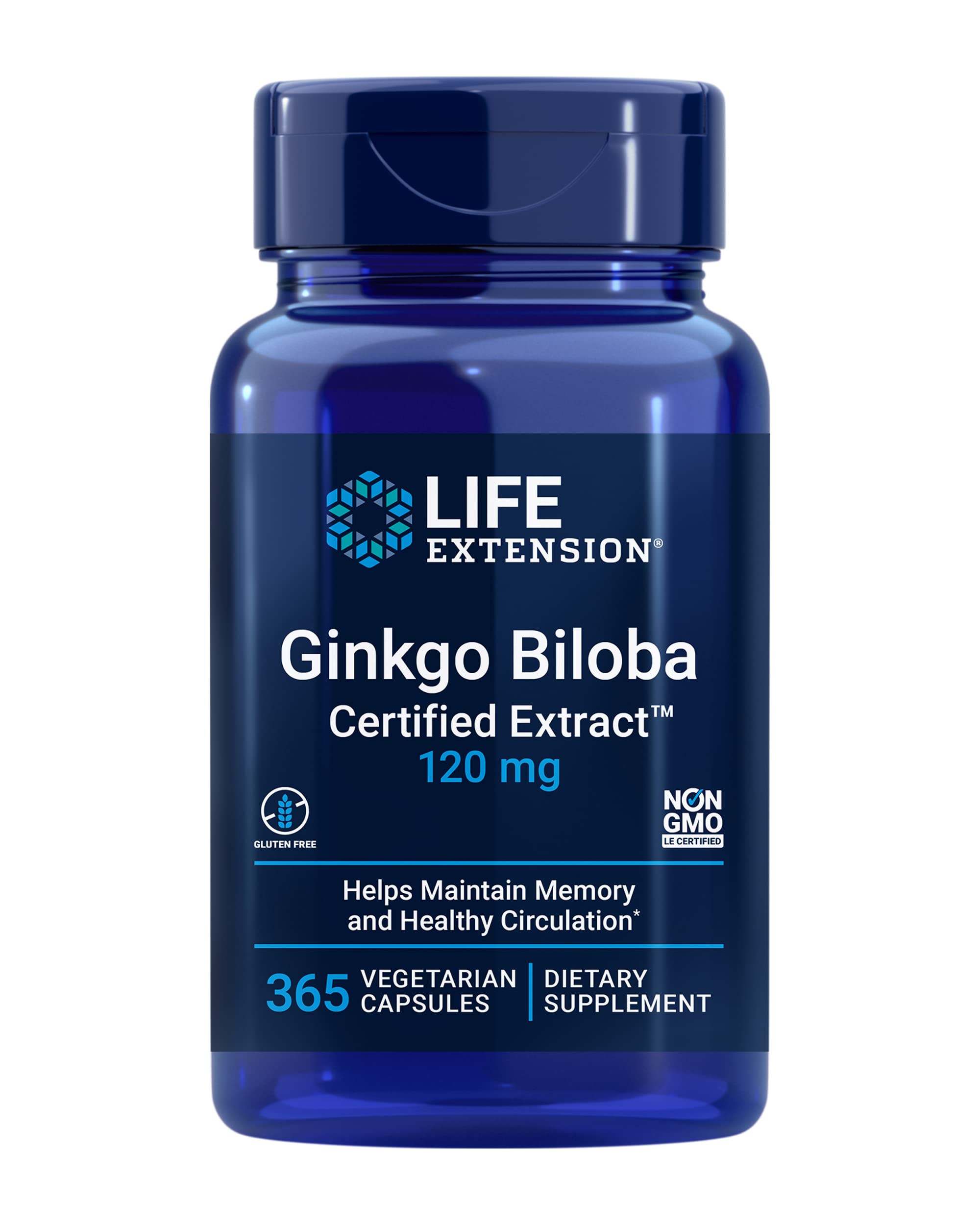Life Extension Ginkgo Biloba – bouteille montrant la dose de 120 mg pour soutenir la mémoire.