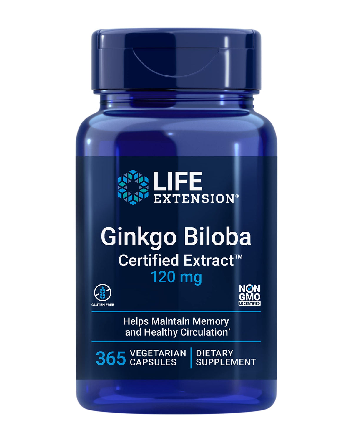 Life Extension Ginkgo Biloba – bouteille montrant la dose de 120 mg pour soutenir la mémoire.