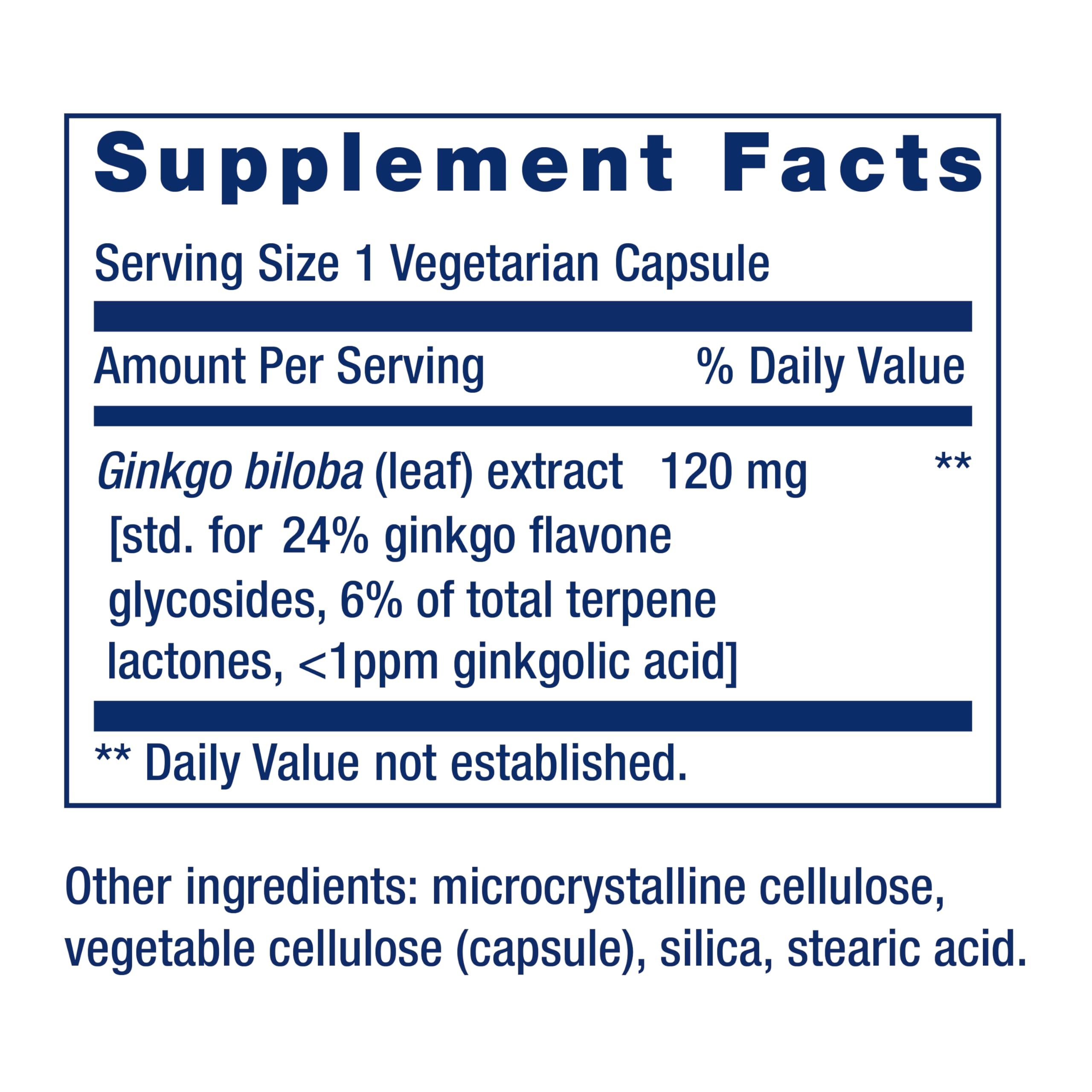 Étiquette Life Extension Ginkgo Biloba avec pureté et chiffres clés pour la traçabilité.