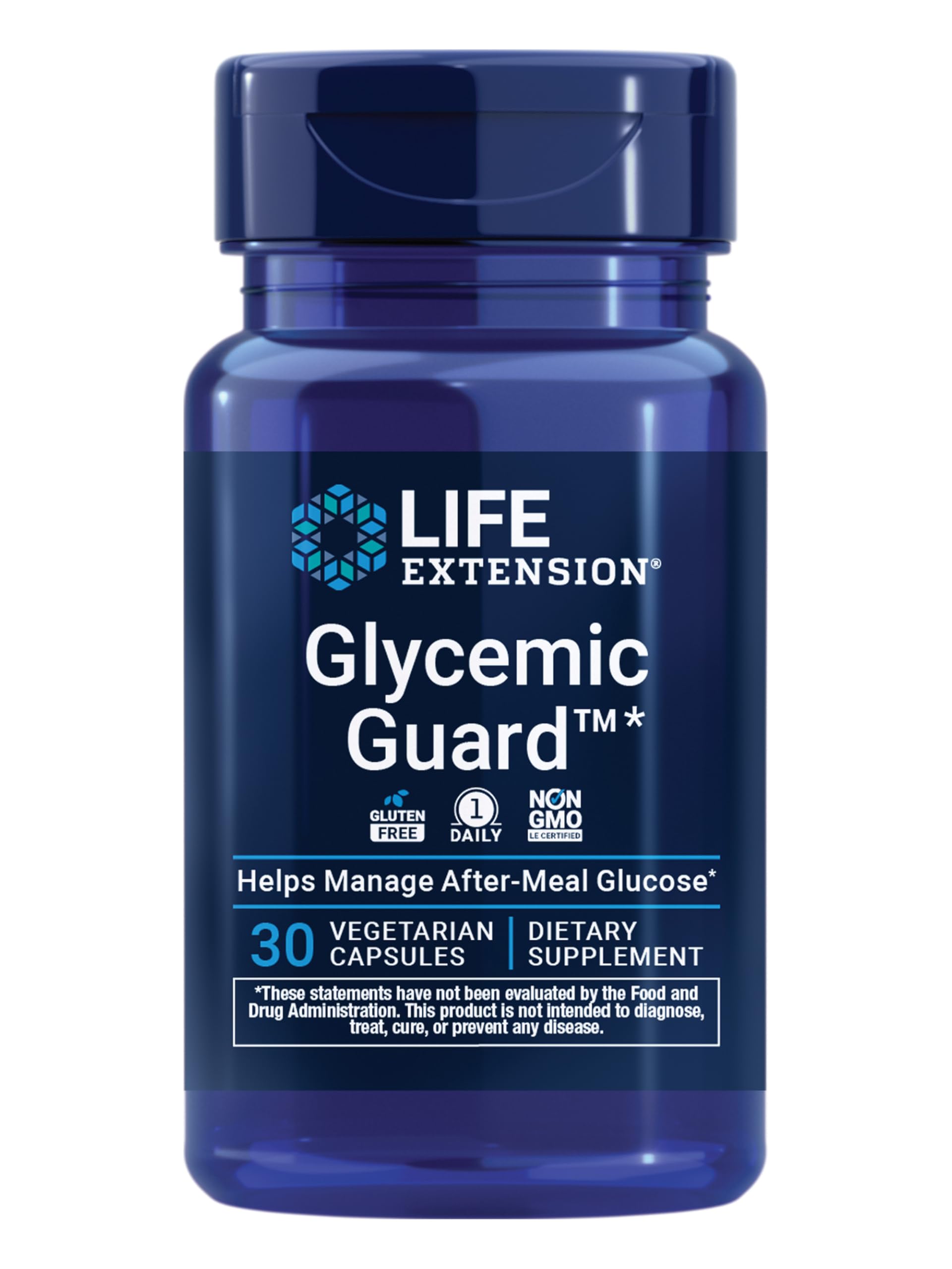 Life Extension Glycemic Guard — bouteille montrant la formule pour l'équilibre glycémique après repas.