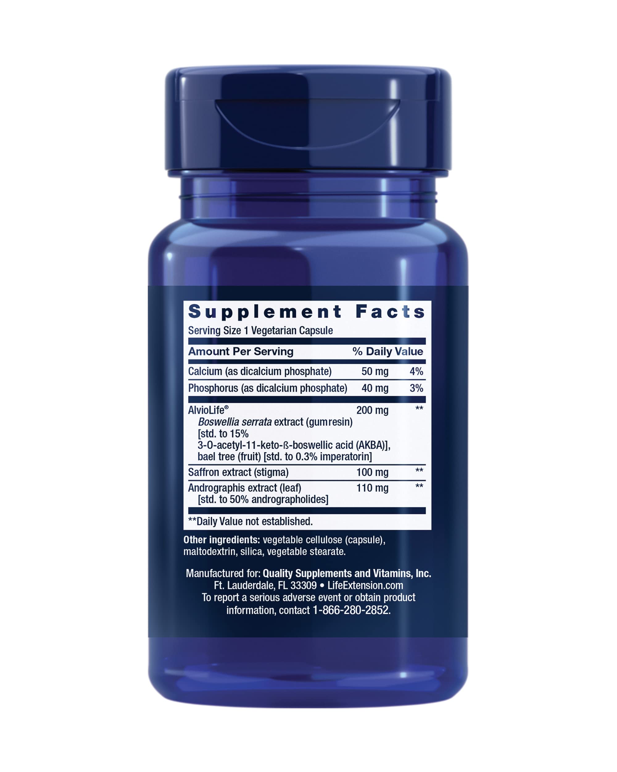 Life Extension – ingrédients boswellia serrata montrant une base anti-inflammatoire potentielle.