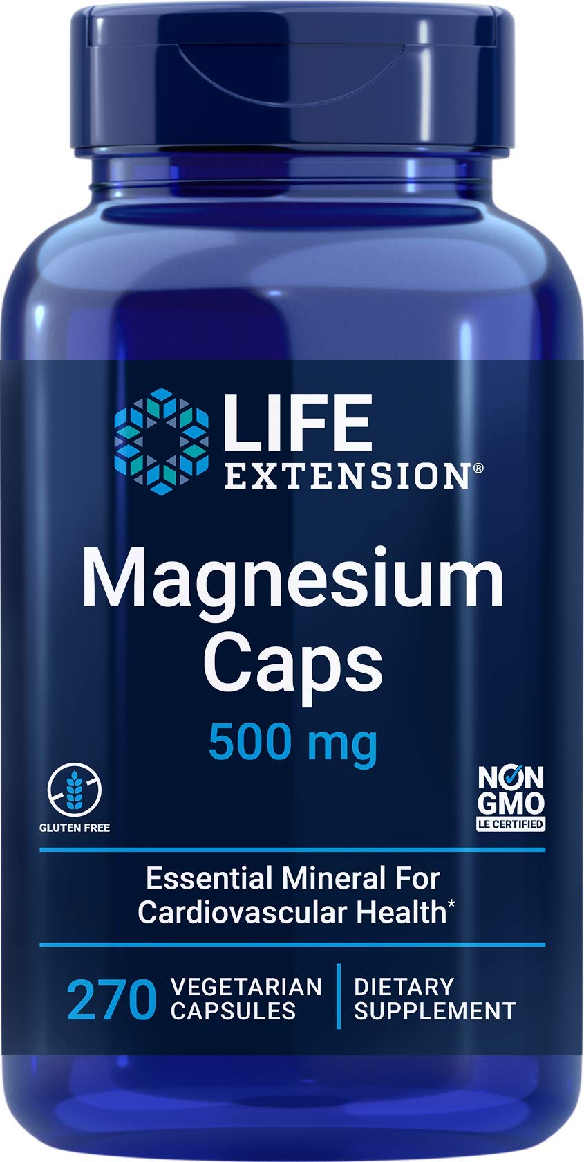 Life Extension Magnésium Caps 500mg – bouteille visible, soutien potentiel des os et du système nerveux.
