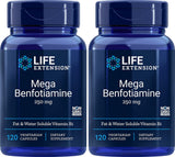 Life Extension Mega Benfotiamine, deux bouteilles, capsules végétariennes 250 mg, soutien métabolique potentiel.