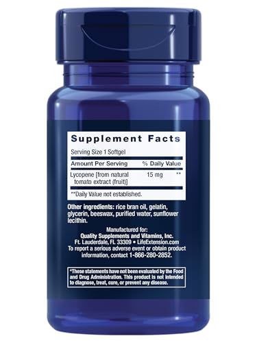 Life Extension Mega Lycopene – flacon mettant en avant le soutien des vaisseaux sanguins.
