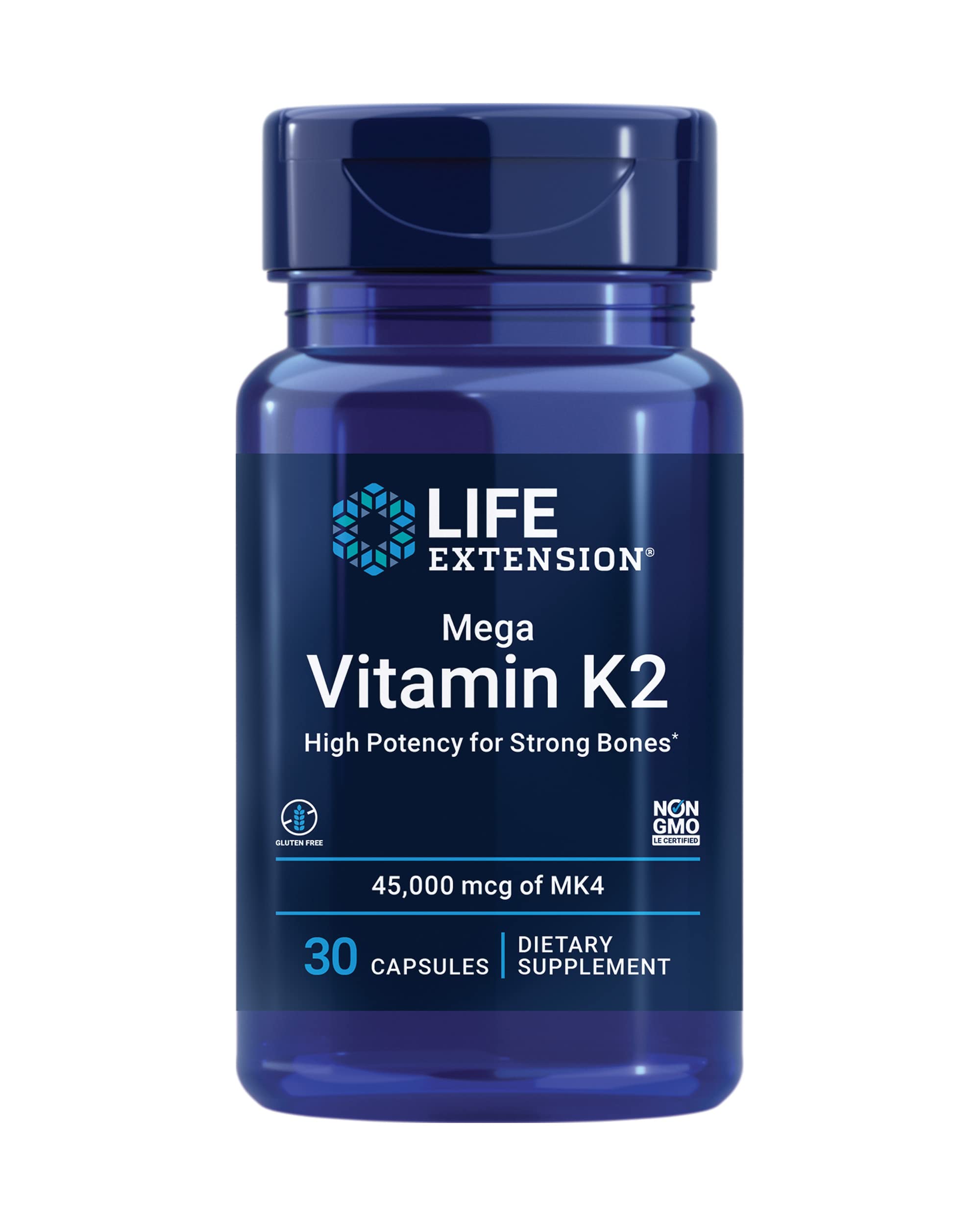 Life Extension Mega Vitamine K2, bouteille gélules, soutien potentiel à la densité osseuse.