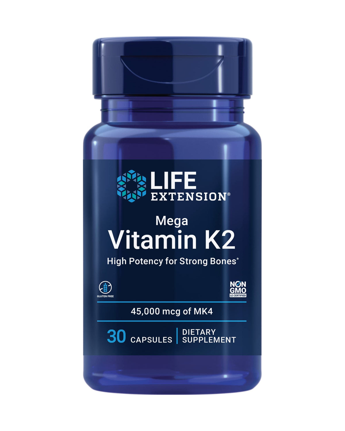 Life Extension Mega Vitamine K2, bouteille gélules, soutien potentiel à la densité osseuse.